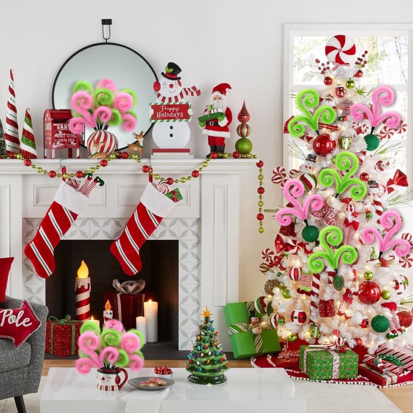 6 PCS Pink Green Furry Christmas Tree Picks Spiral Curly Elf Branches Decor