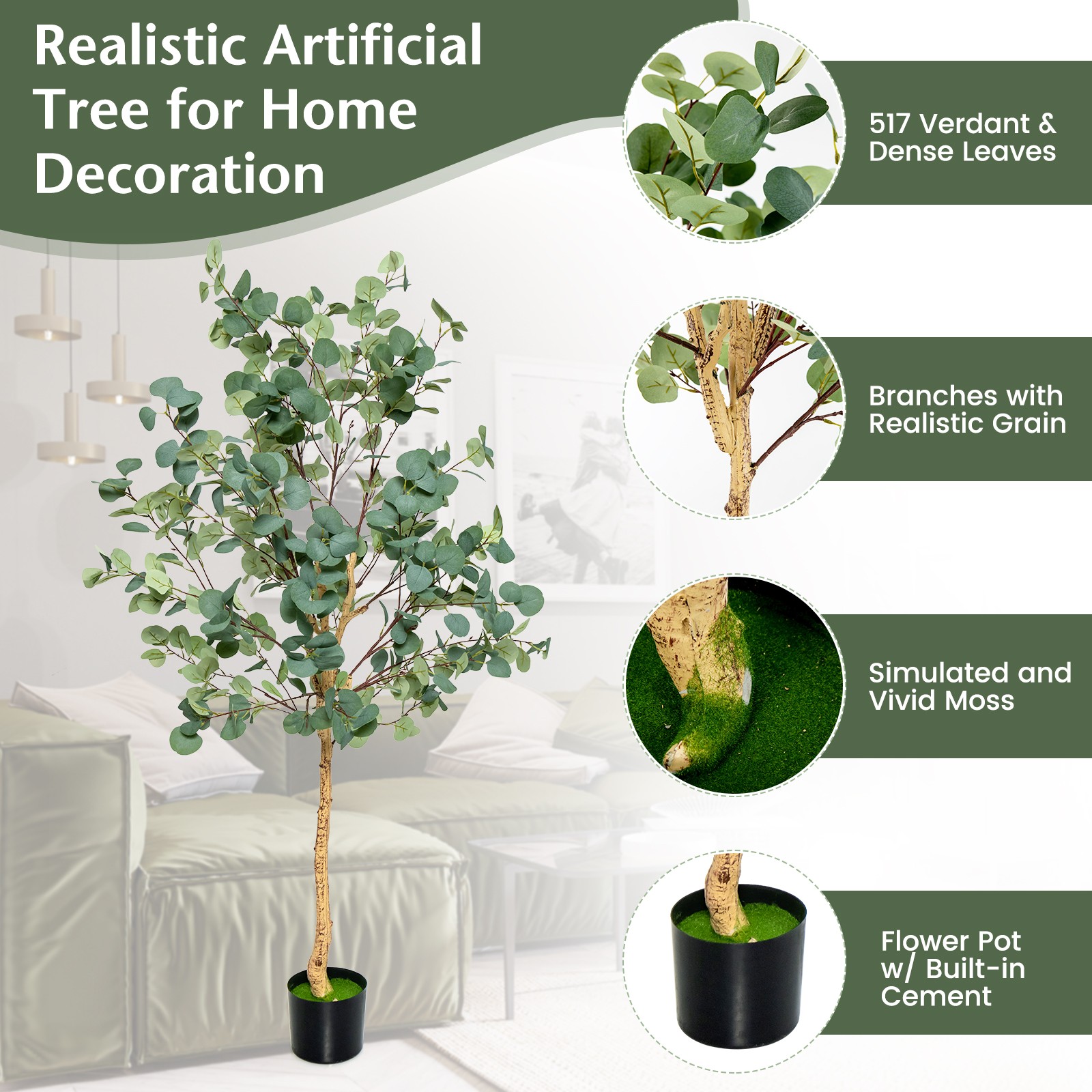 2PCS 5.5′ Artificial Tree Fake Eucalyptus Tree for Living Room Office Home