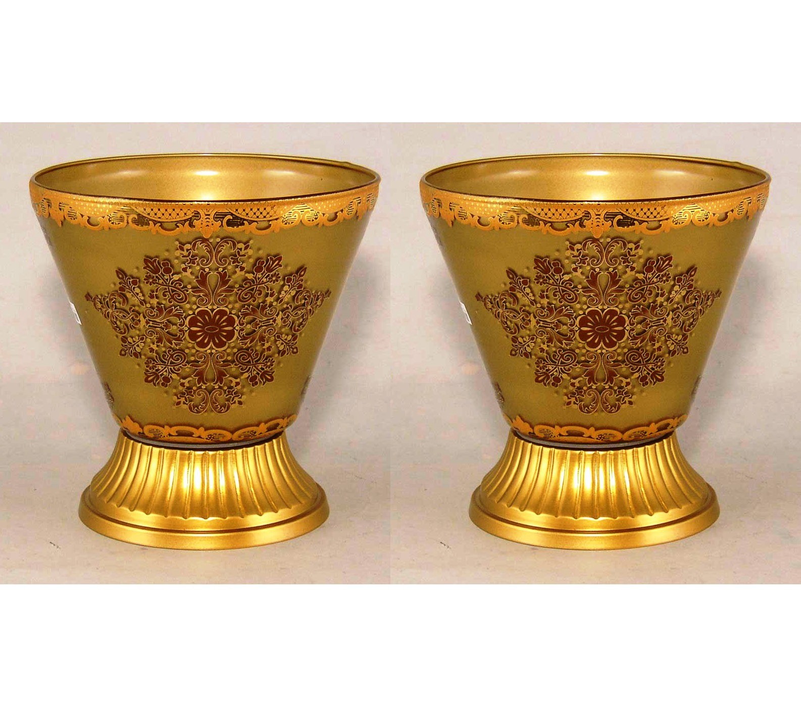 Compote Bowl 6″D 6.25″Hi Set/2 Printed Gold Color Glass Metal Base FREE SHIPPING