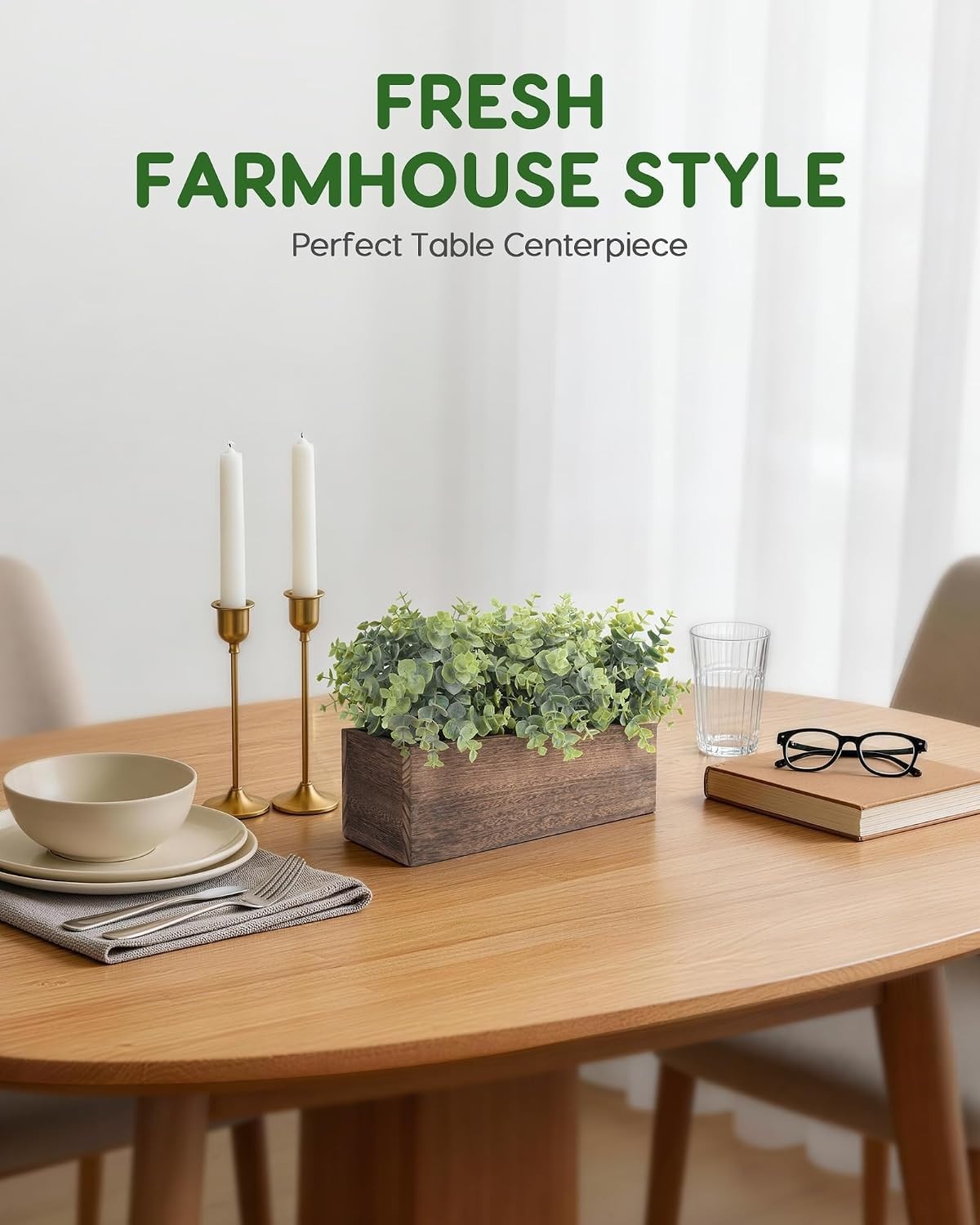 14” Artificial Eucalyptus in Rustic Wooden Planter – Ideal Table Centerpiece