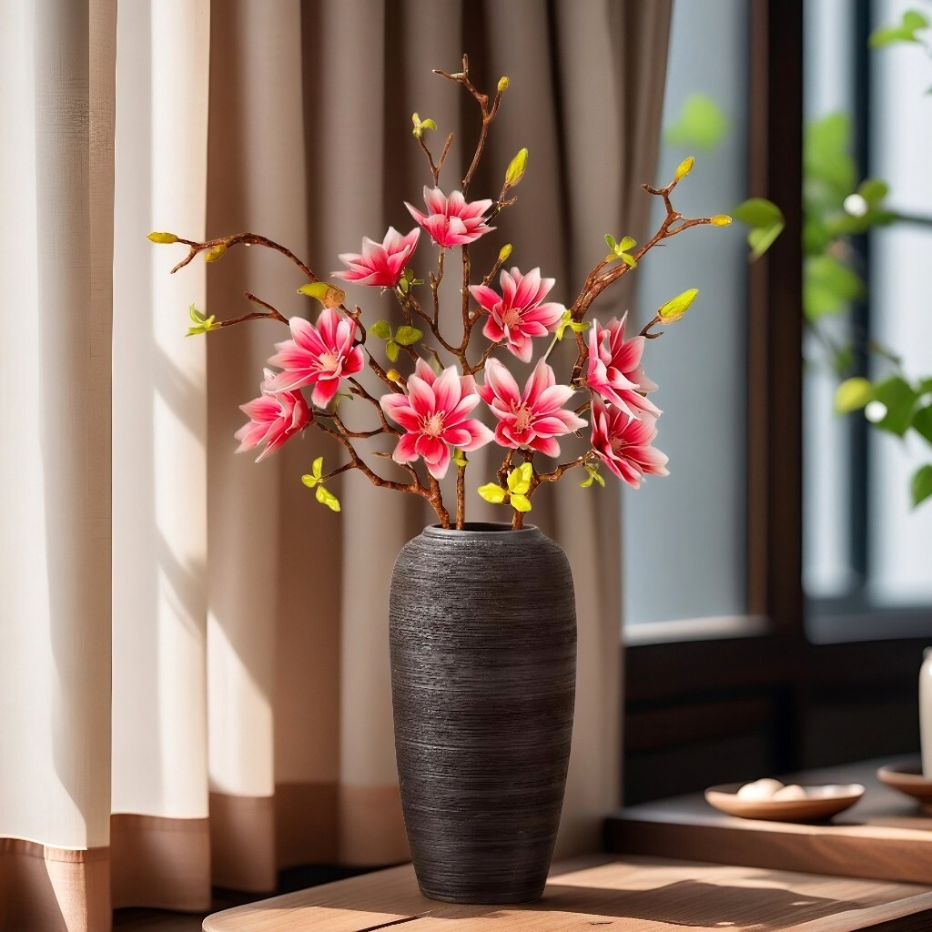 3Pcs-Artificial Magnolia Flowers, 9 Blooms, Long Bendable Stems for Décor