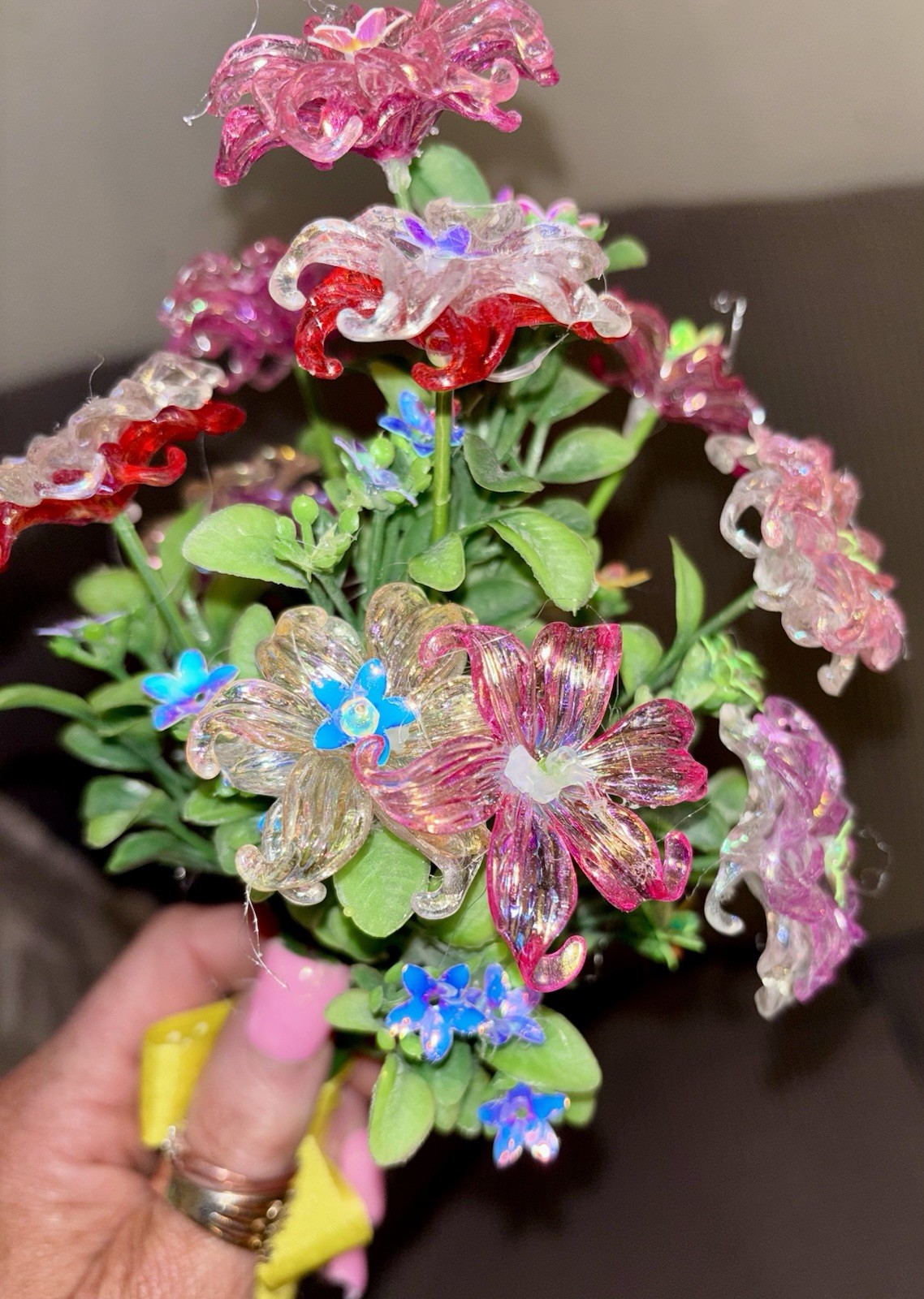 Small Handmade Bouquet Acrylic Iridescent 11” Wrapped In Grosgrain Ribbon OOAK