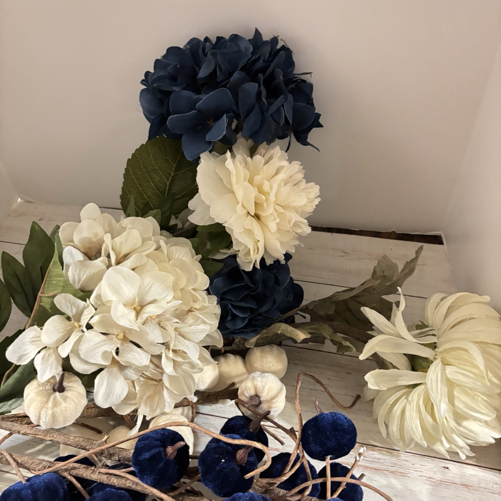 Long 31” Stem Huge Silk Variety White, Blue Flowers & Navy Long Stem Pumpkins