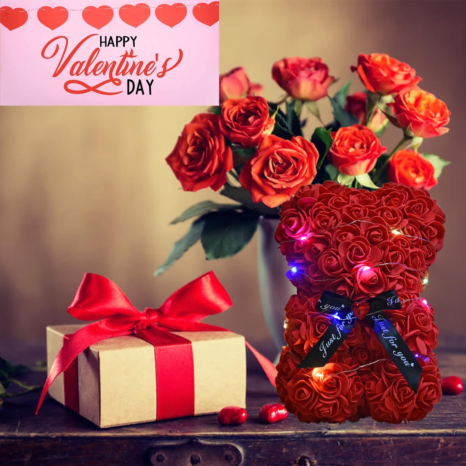 Rose Bear Rose Teddy Bear Gifts for Her Mom Mother Hand Made Flower with Lights
