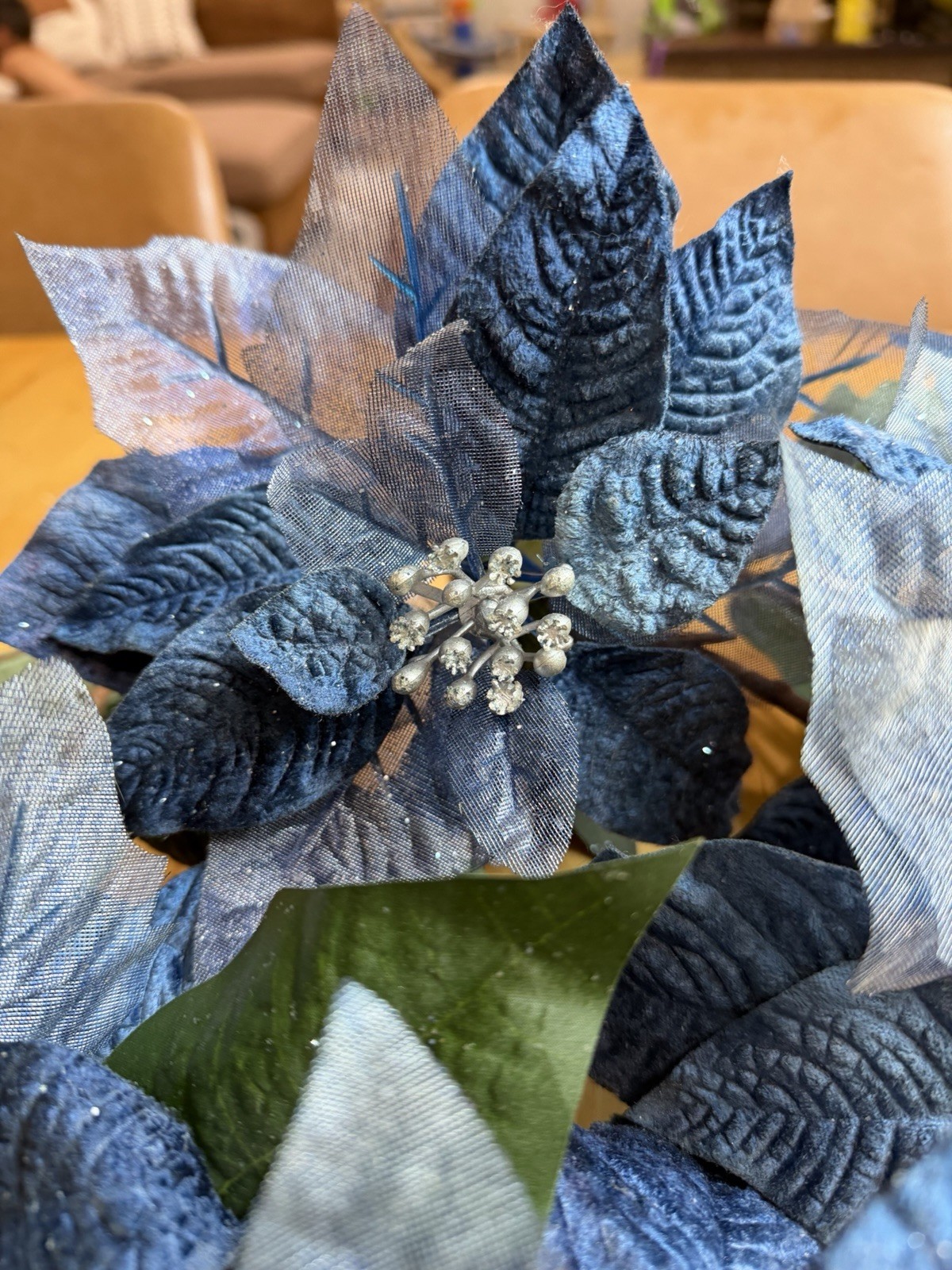 Set of 5 Navy Blue Velvet Poinsettia Stems Glitter Christmas Floral Decor 25”