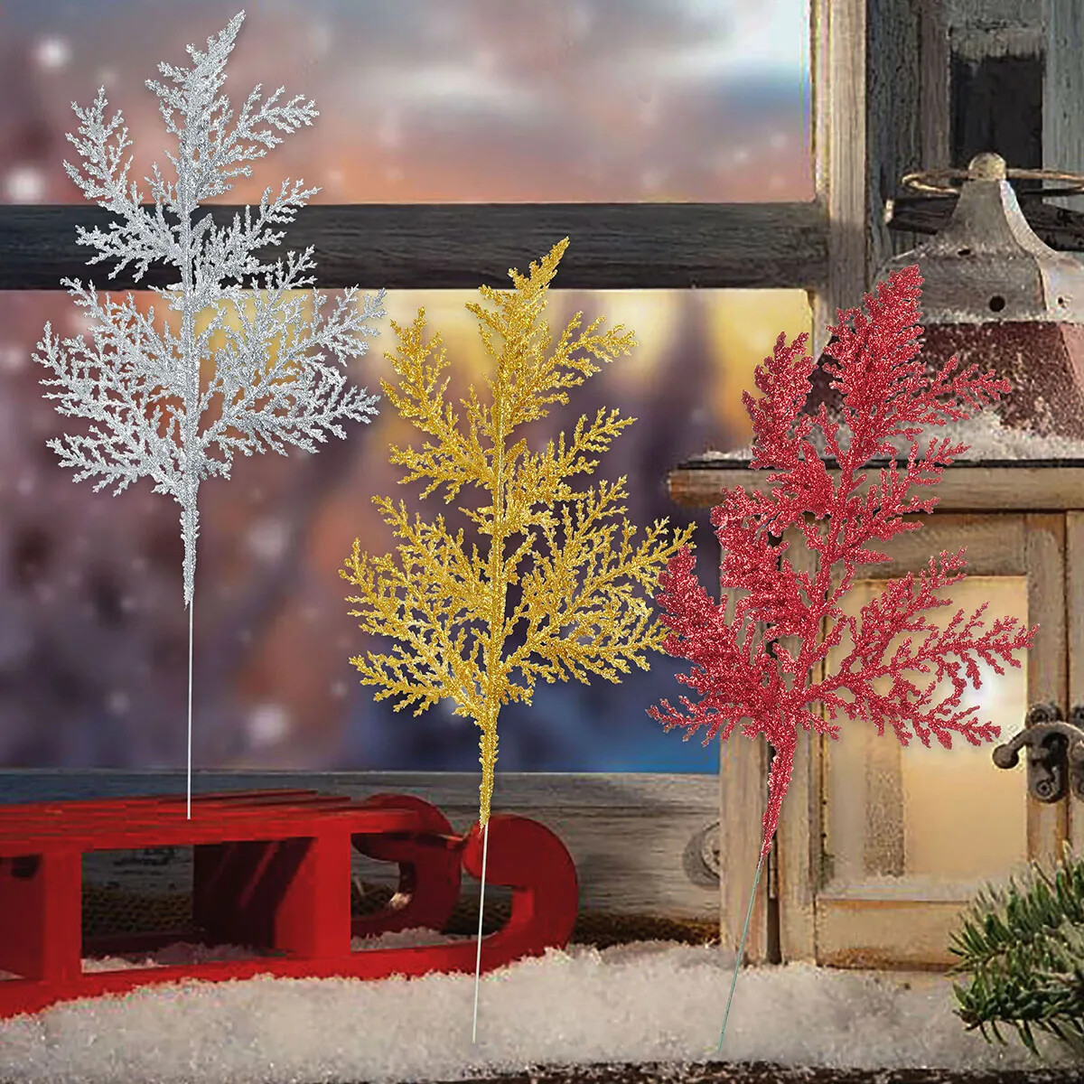 10X Pine Needles Fake Floral Christmas Glitter Fern Leaf Branch Decor Artificial