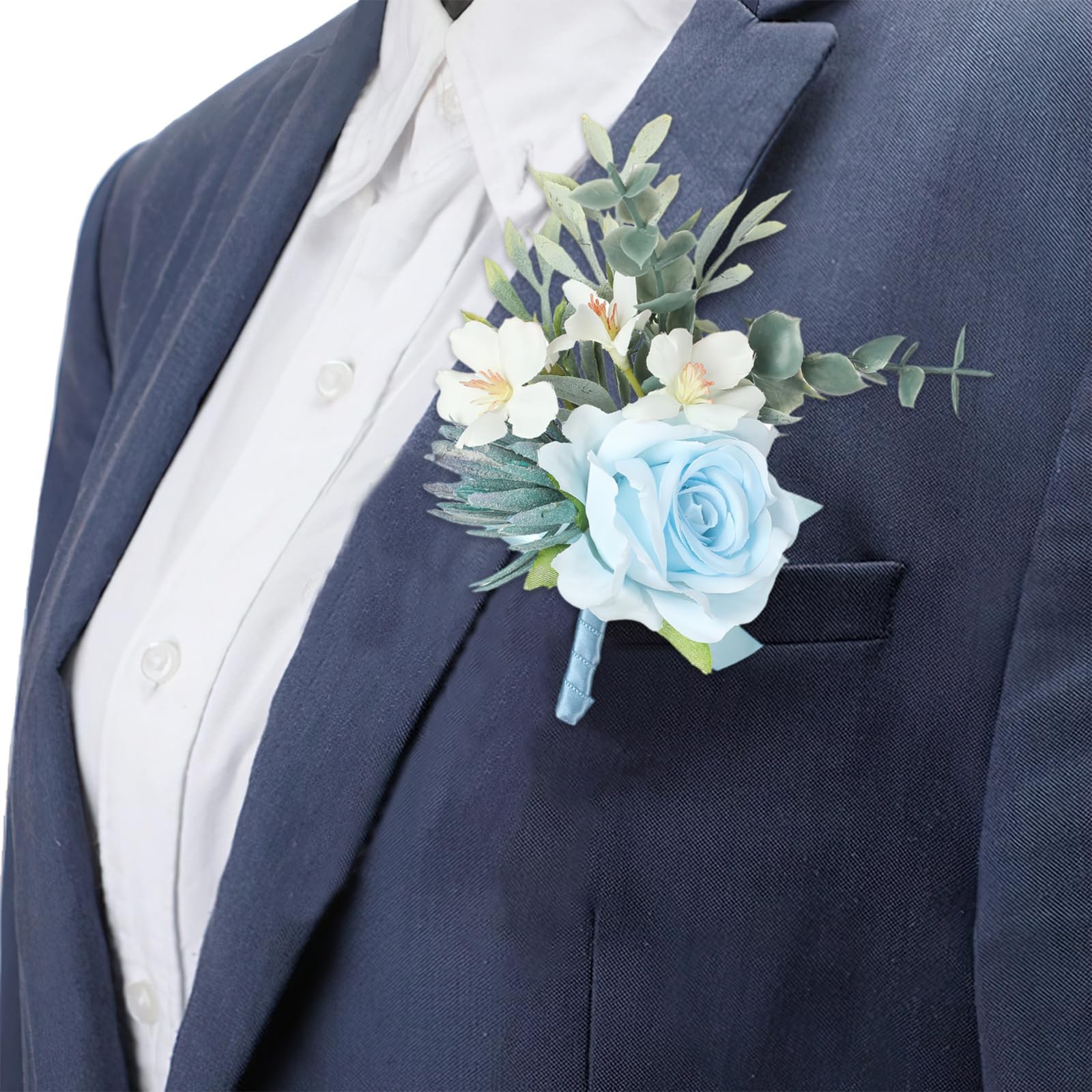 2 PCS Light Blue Artificial Rose Wrist Corsage Boutonniere Set Groom Groomsmen