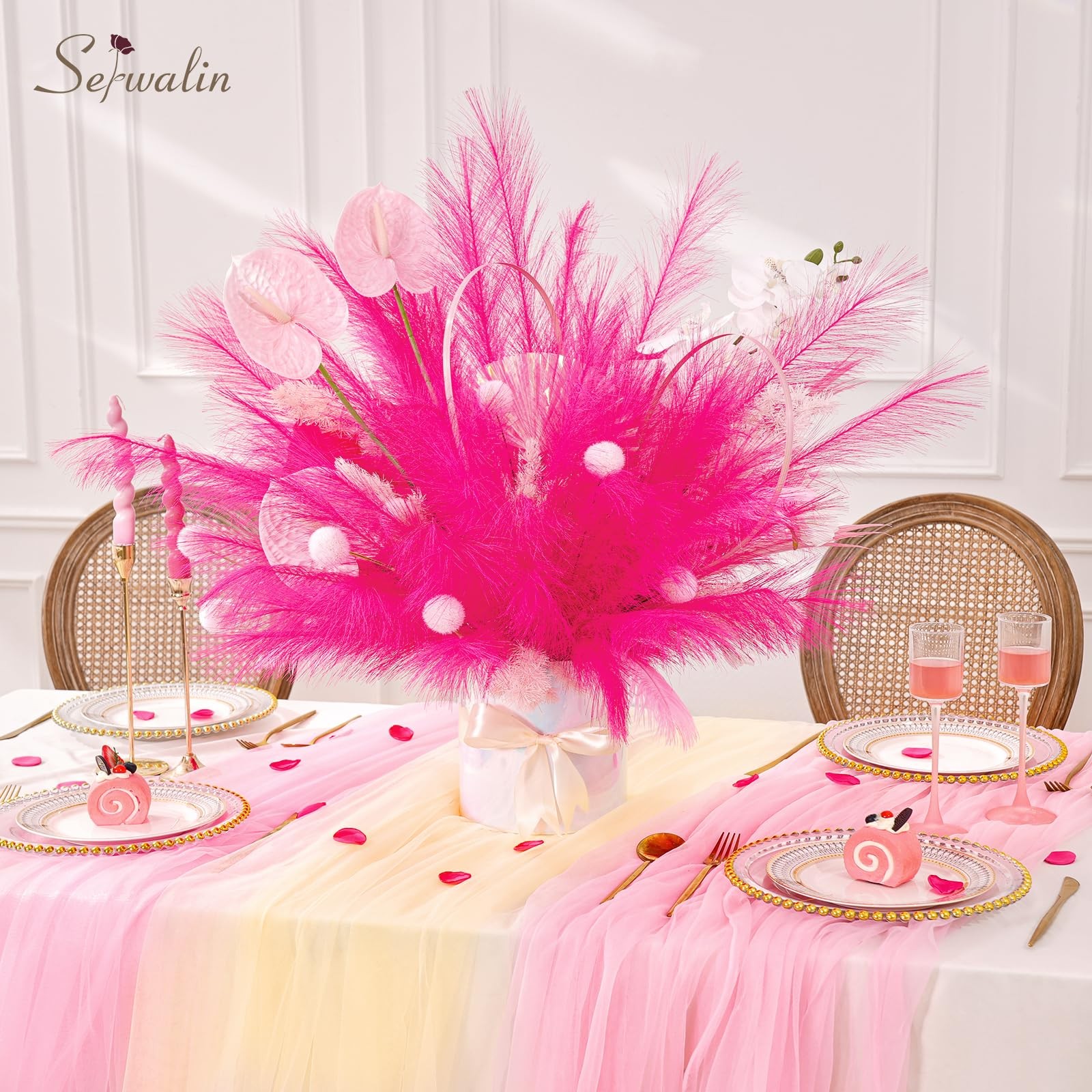 60Pcs Hot Pink Pampas Grass Decor, 17.7” Faux Pampas Grass, Artificial Pampa…