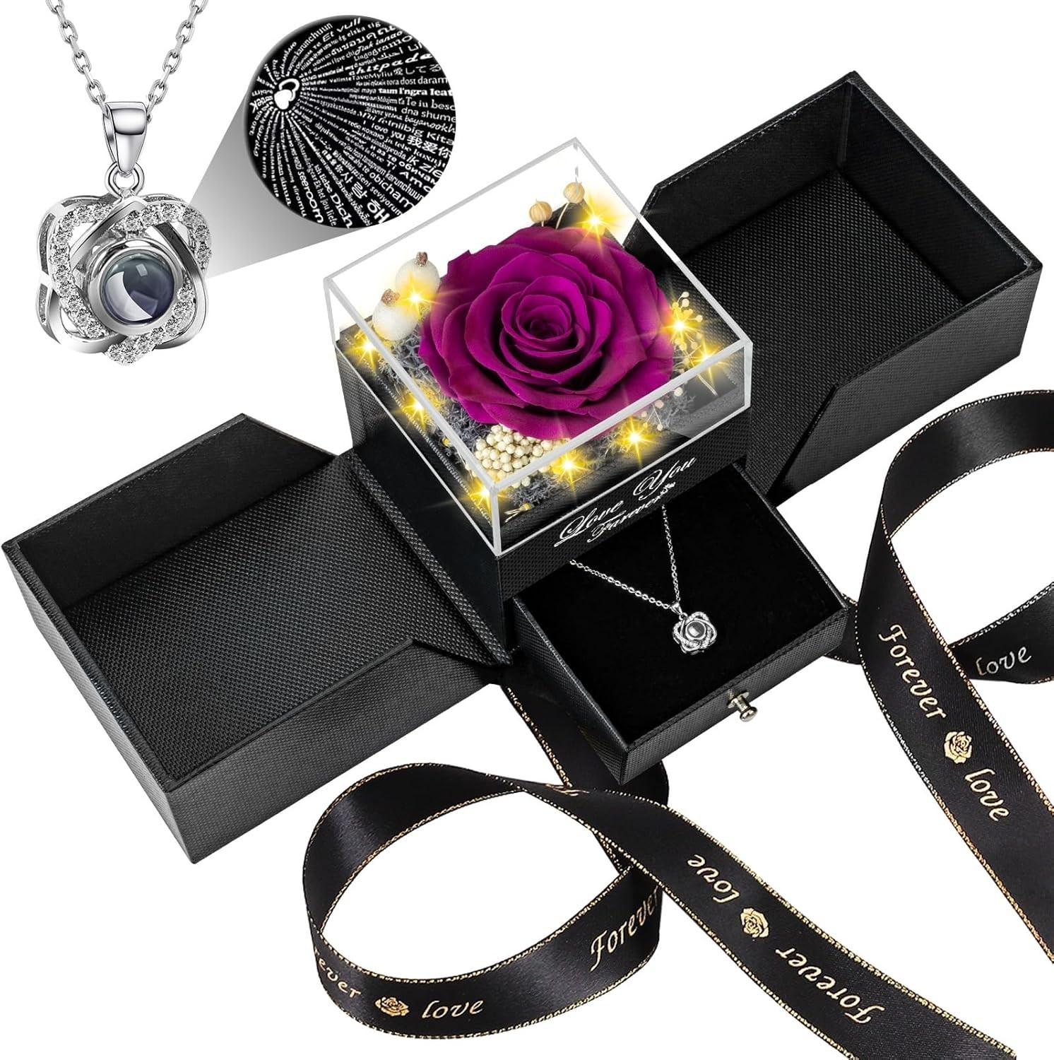 Eternal Purple Preserved Rose with Double Heart ‘I LOVE YOU’ Necklace Gift Set