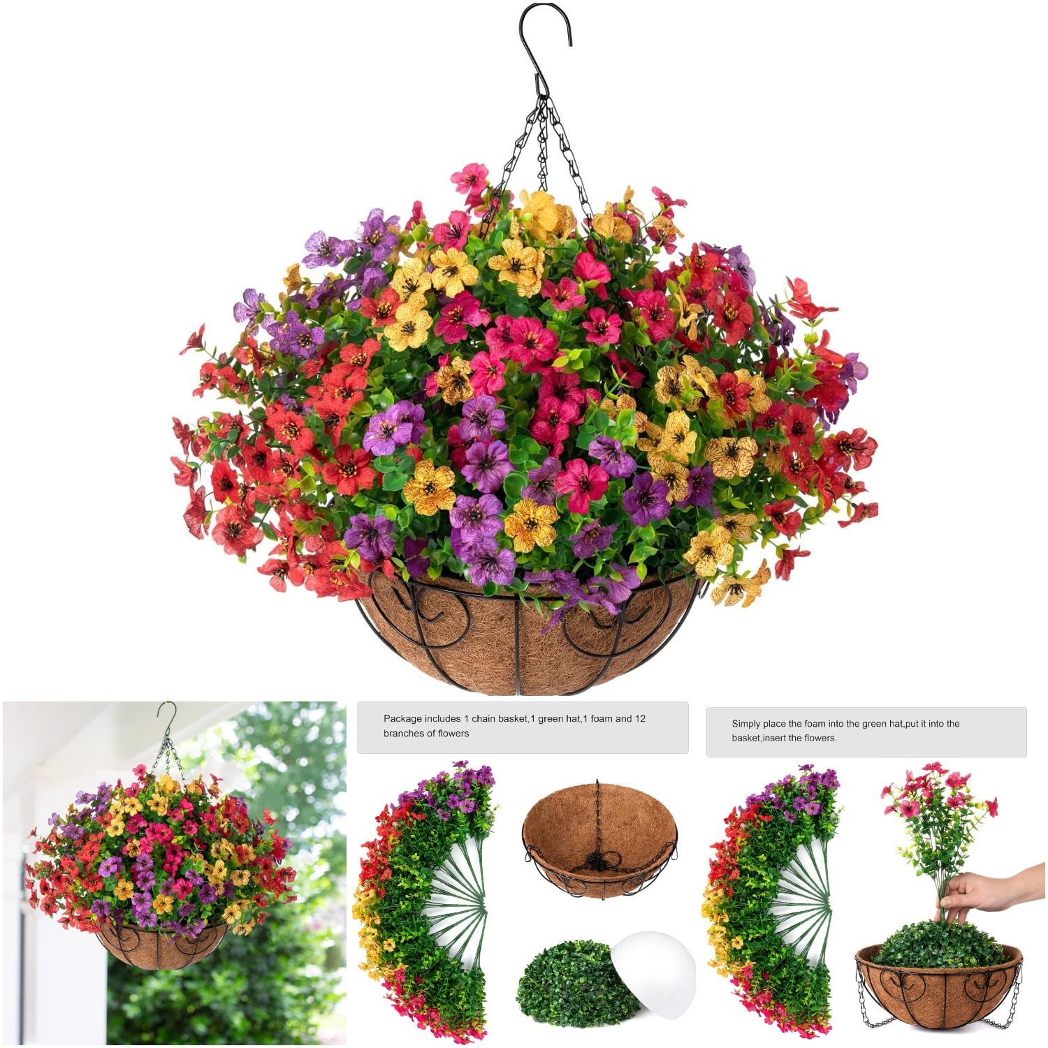 Artificial Faux Hanging Plants Flowers Basket Summer Outdoor UV Resistant Daisy
