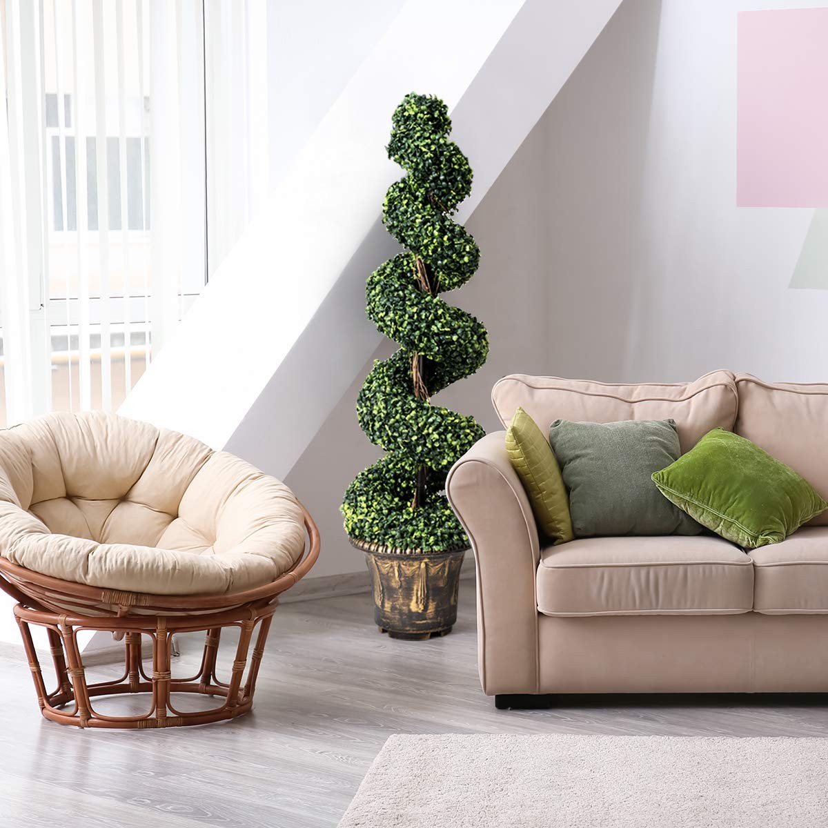 4 Ft Artificial Boxwood Spiral Topiary Tree, Fake Greenery Plants for Porch Home