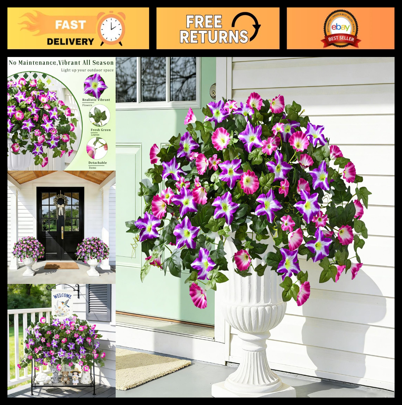 8PCS UV Resistant Artificial Petunias – Mixed Color Faux Silk Flowers for Garden