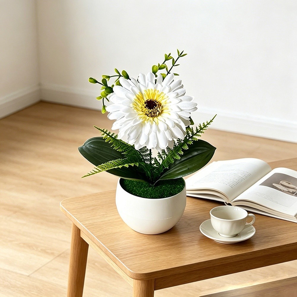 White Pot Faux Gerbera Daisy 19 cm Lifelike Plastic Flower Indoor Decor