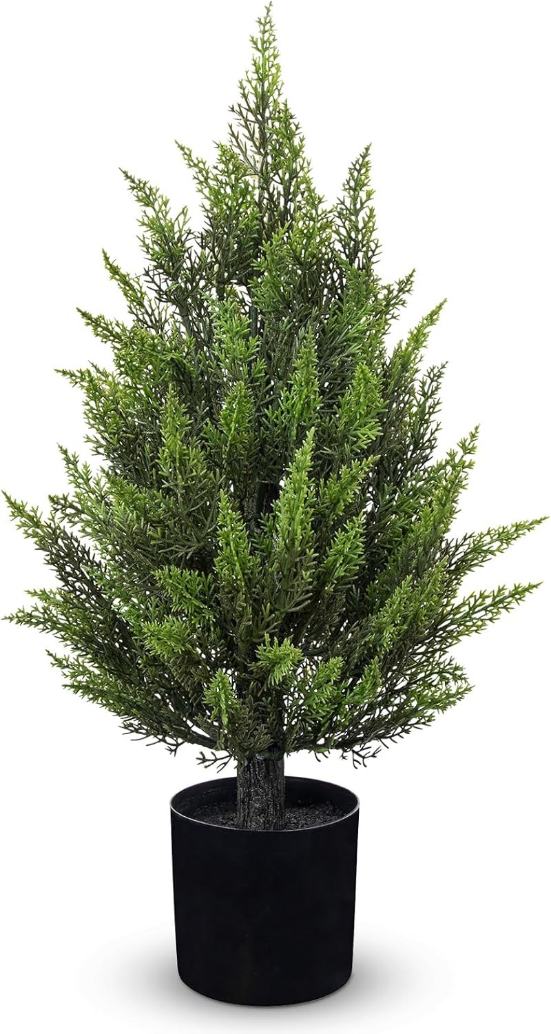 17.7” Artificial Cedar Topiary Tree in Black Pot – Lifelike Evergreen Faux
