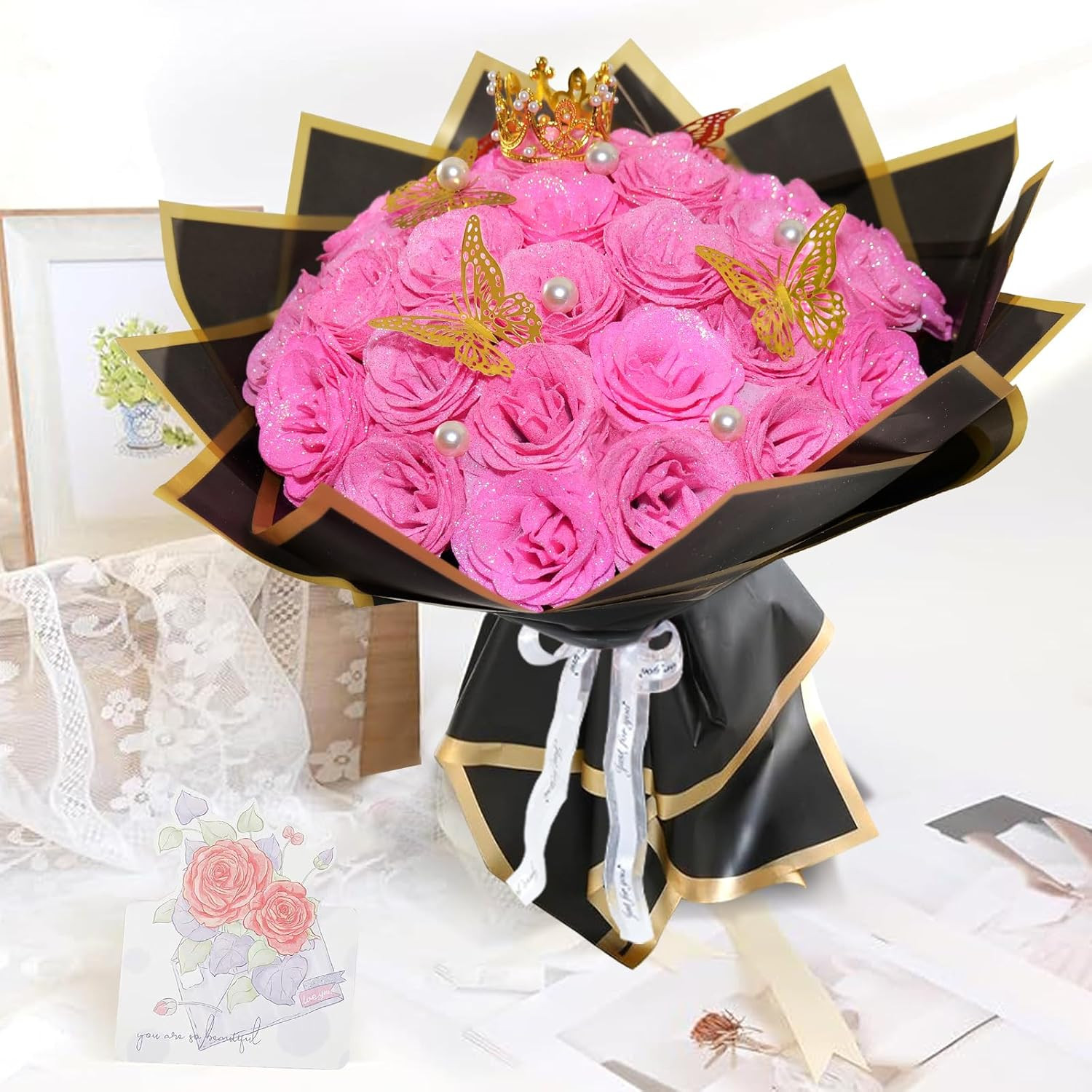 Pink Glitter Roses Bouquet, 24 Pcs Shiny Glitter Flowers Bouquet, Everlasting Ar