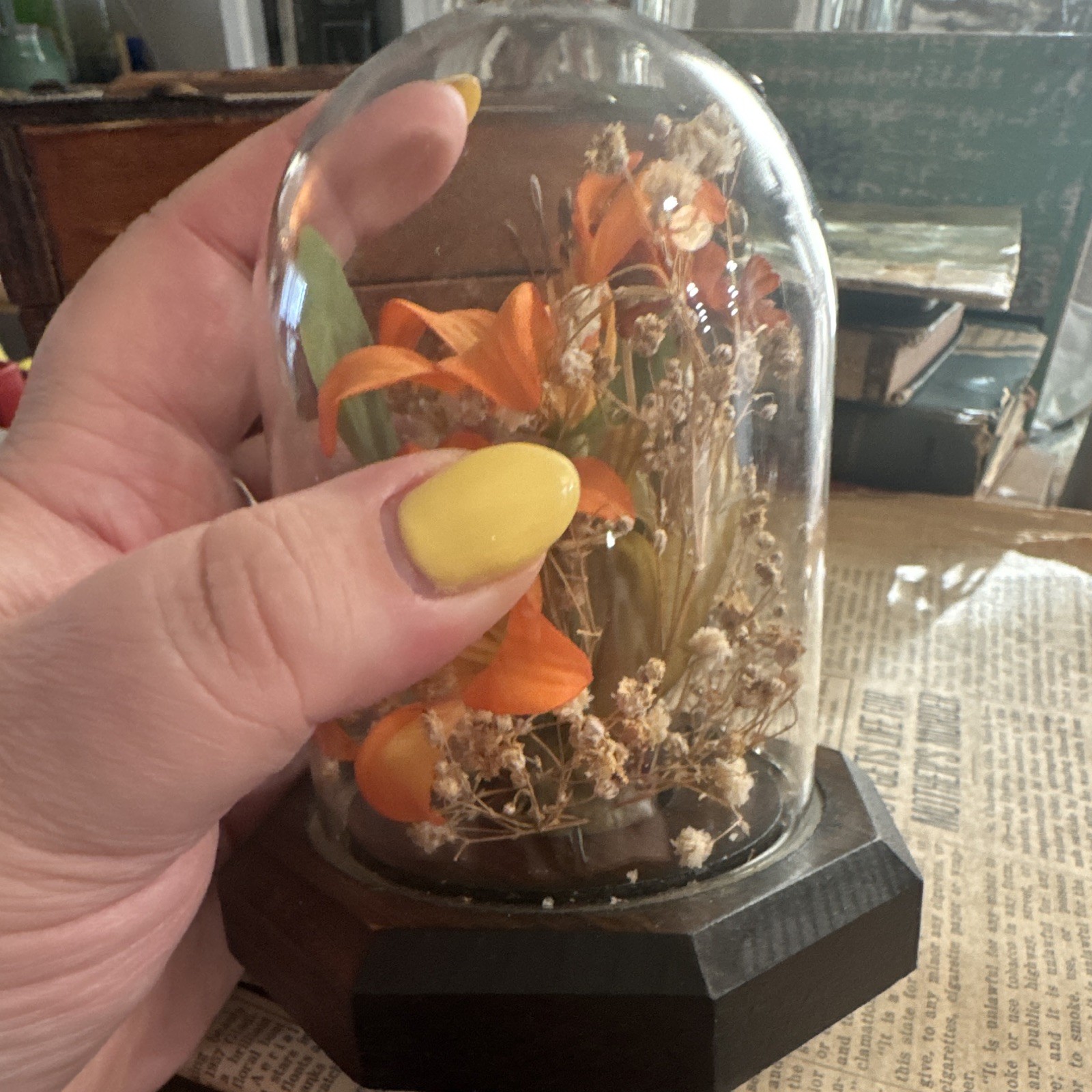 Vintage Floral Orange Lily Arrangement in Glass Cloche on Wood Base mcm whimsy