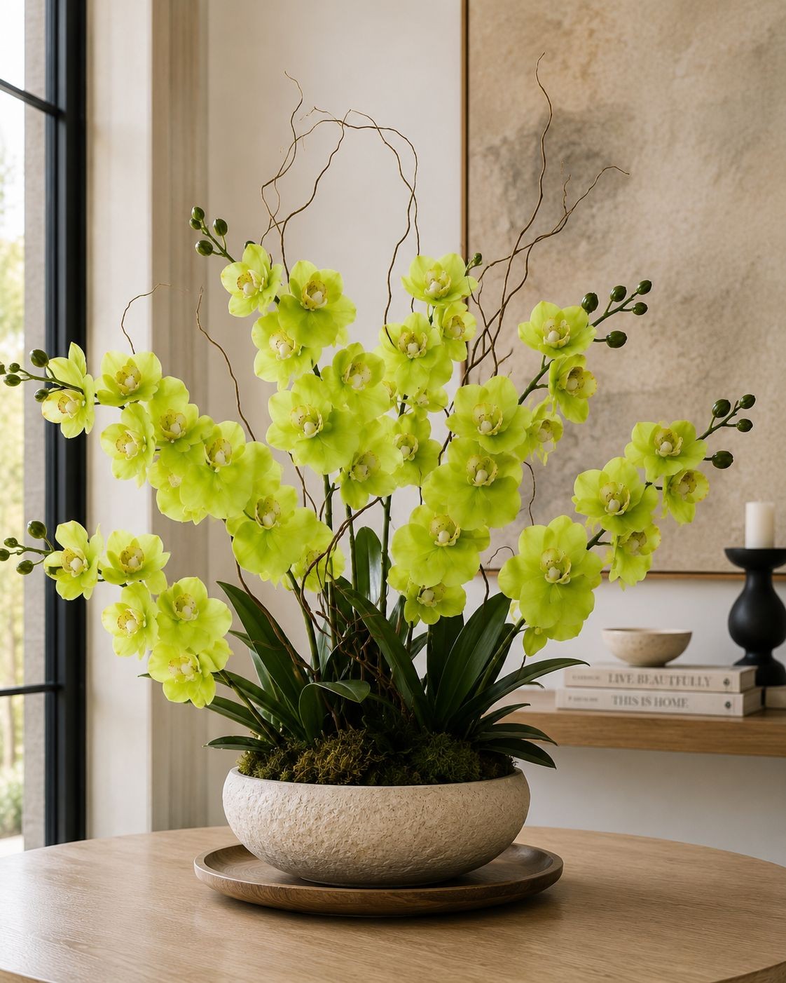 Real Touch Cymbidium Orchid Stem | Green Artificial Orchid | 31 Inch Faux Floral