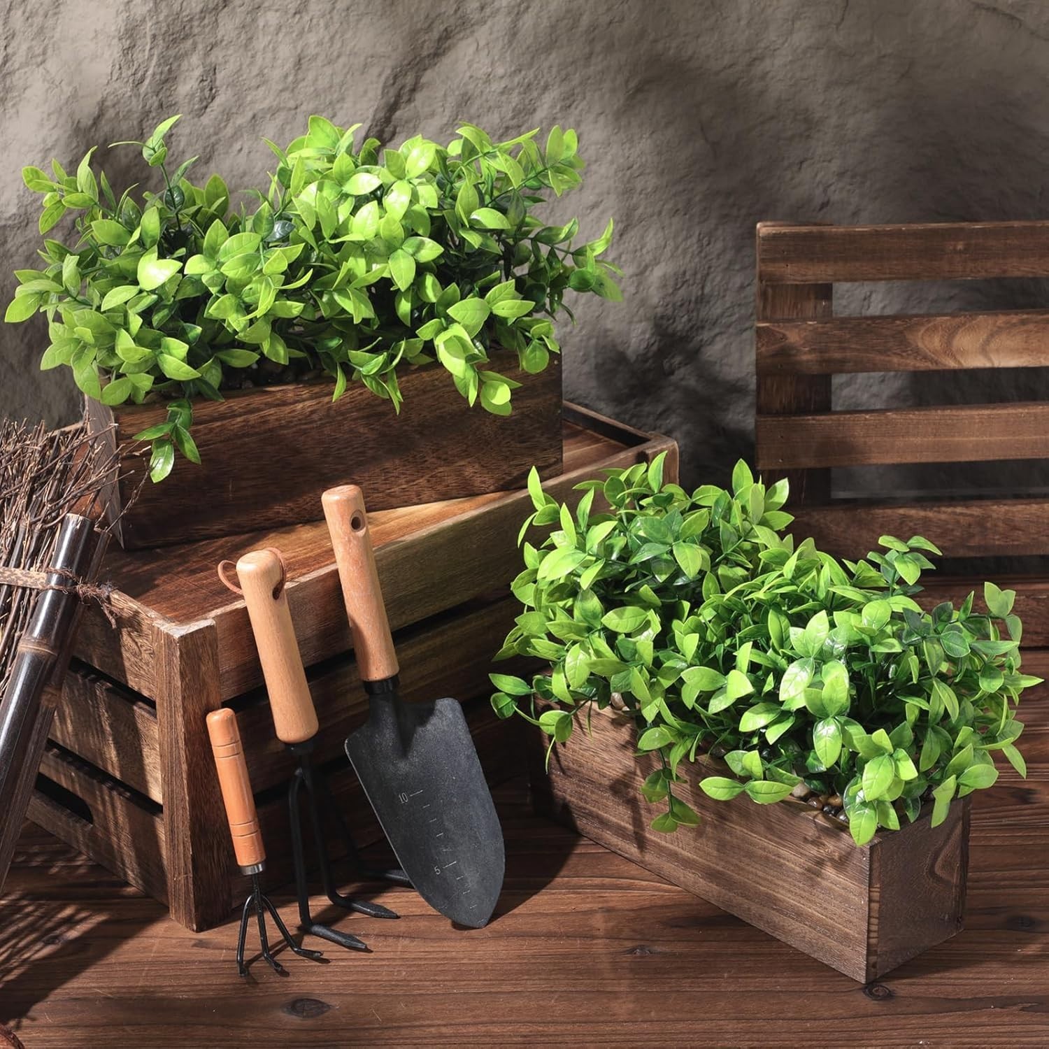NEW 4 Pack Artificial Eucalyptus Plants Wooden Planter Box Brown 11.4 TableTop
