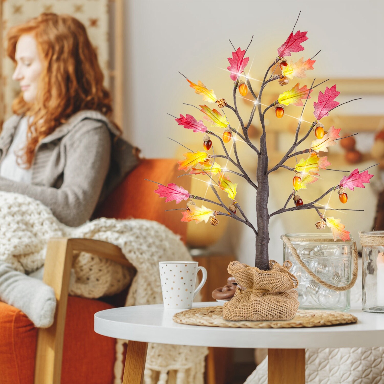 2PACK 24″ Artificial 24 LED Lighted Maple Tree Fall Decorations Timer Function