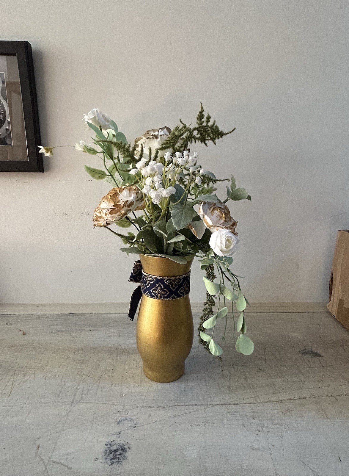 Gold Metallic Vase And White And Sage Green Floral With Navy And Gold Glitter
