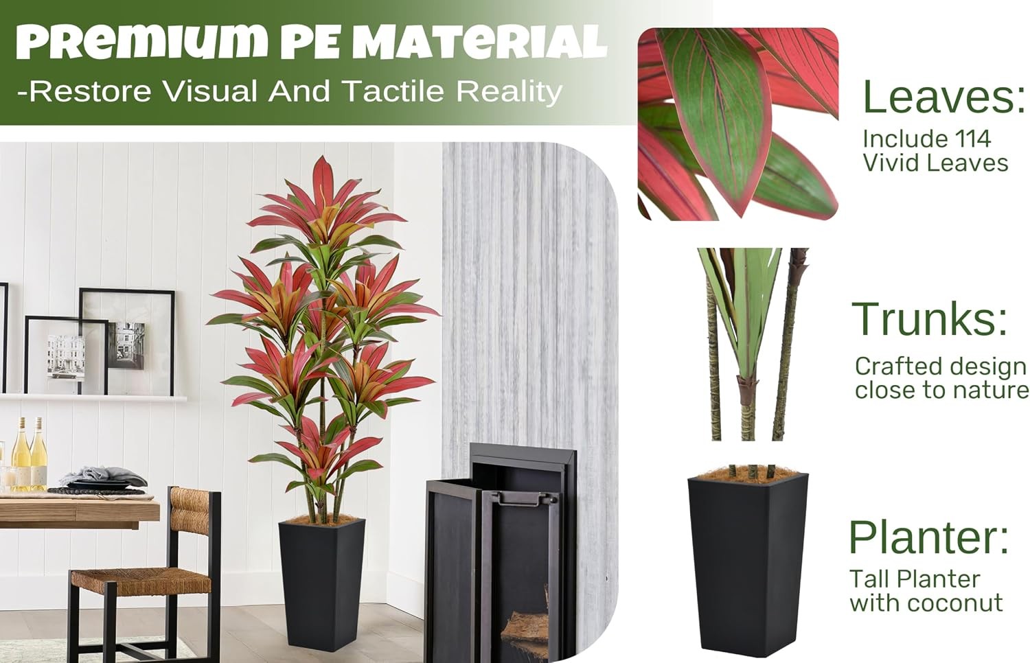 Artificial Red Dracaena Tree 6FT with 114 Leaves & 7 Heads & Black Tall Planter