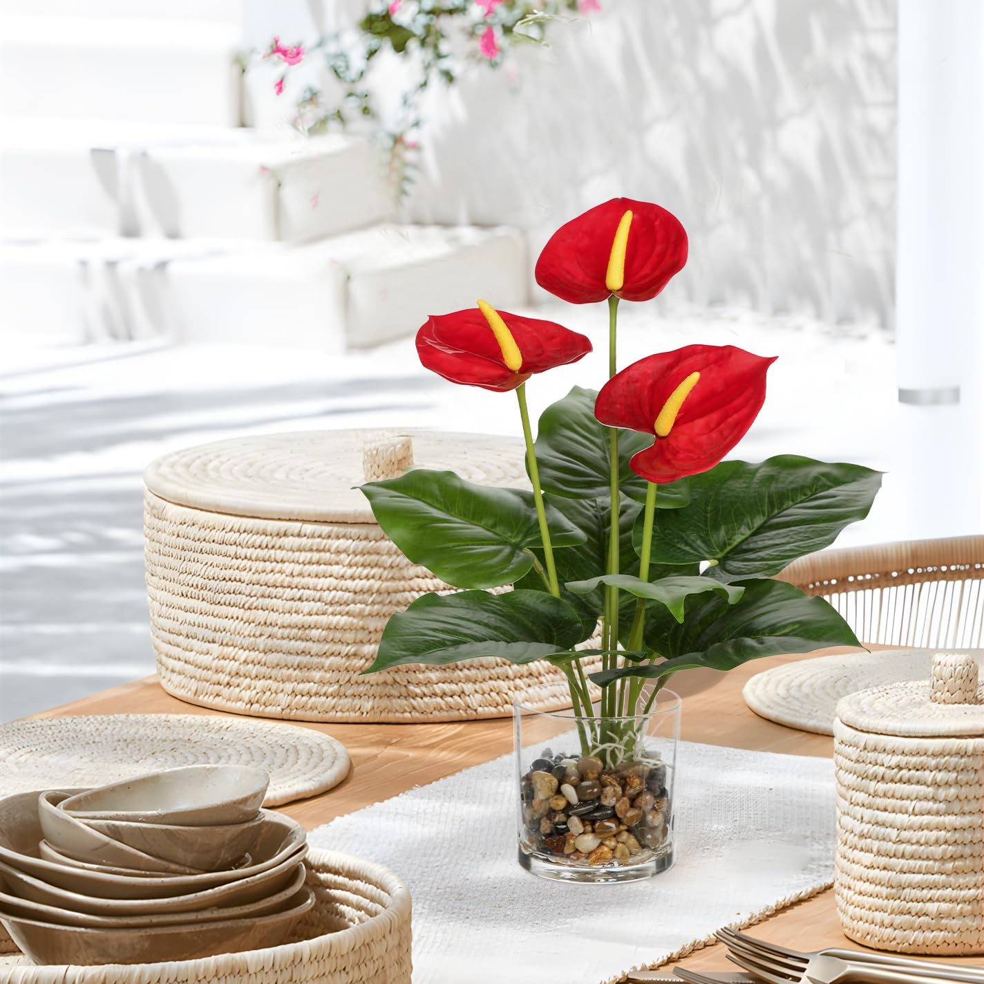 Fake Flowers in Vase 15.4″ Red Anthurium Artificial Flowers with Vase Tropica…