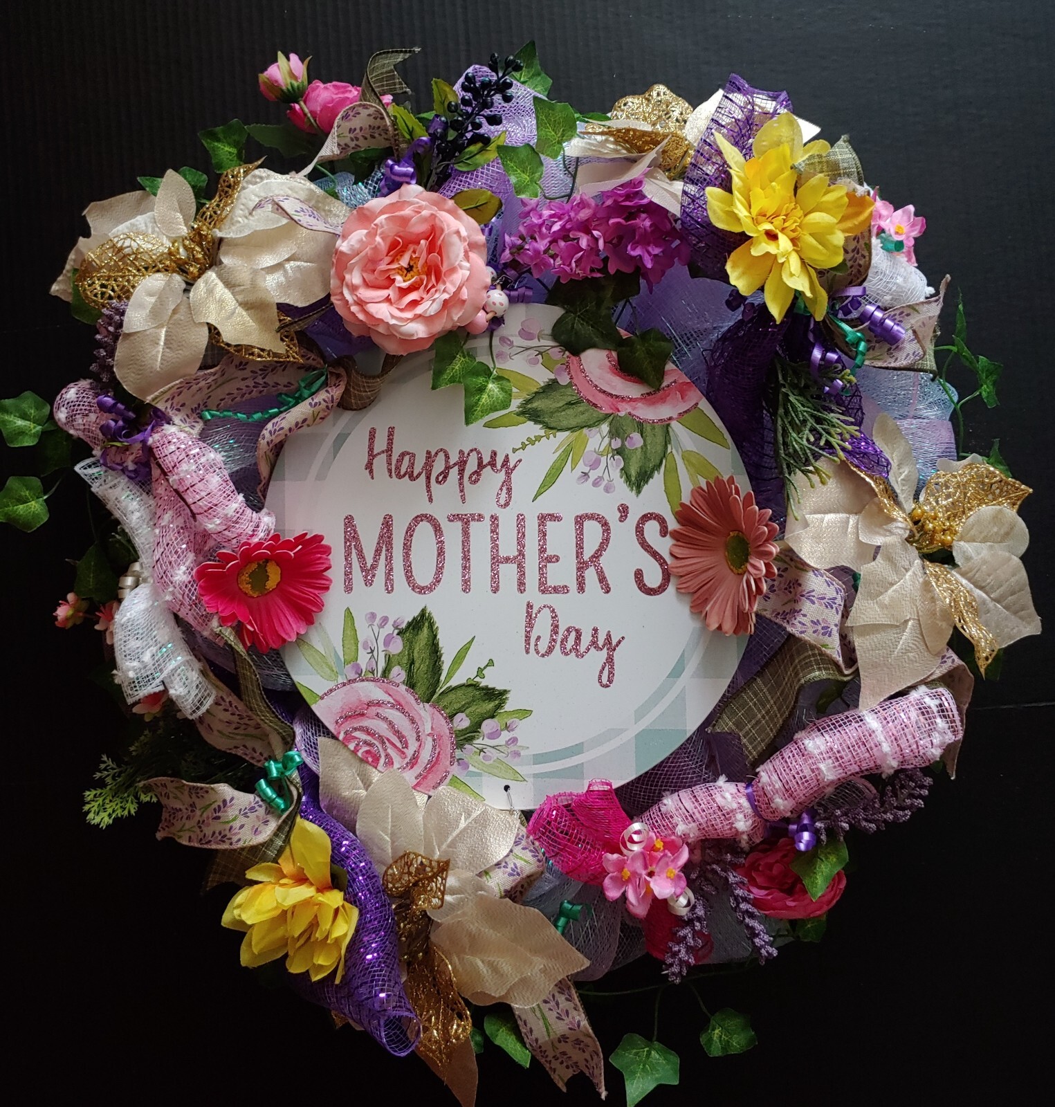 Large Beautiful Happy Mother’s Day Mom Multi Color Floral 24″ Deco Mesh Wreath