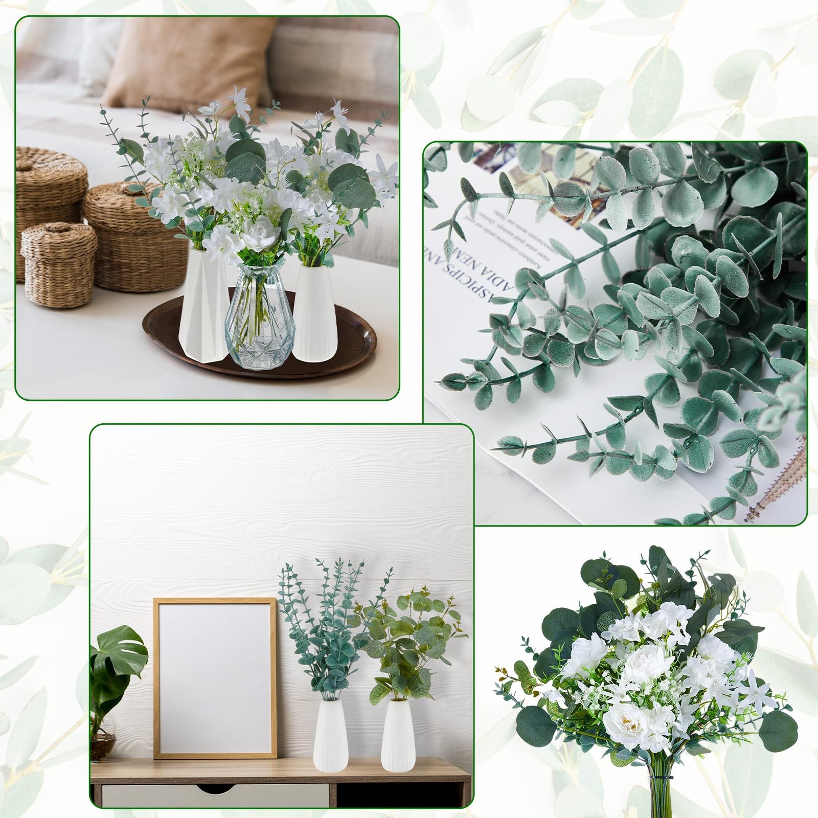 110 Pieces Artificial Eucalyptus Leaves Stems Set with 10 Kinds of Faux White…