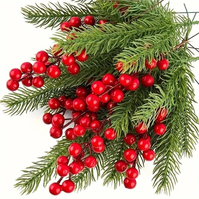 30Pcs Set Christmas Norfolk Artificial Pine Stems with Red Berry Real Touch Fas