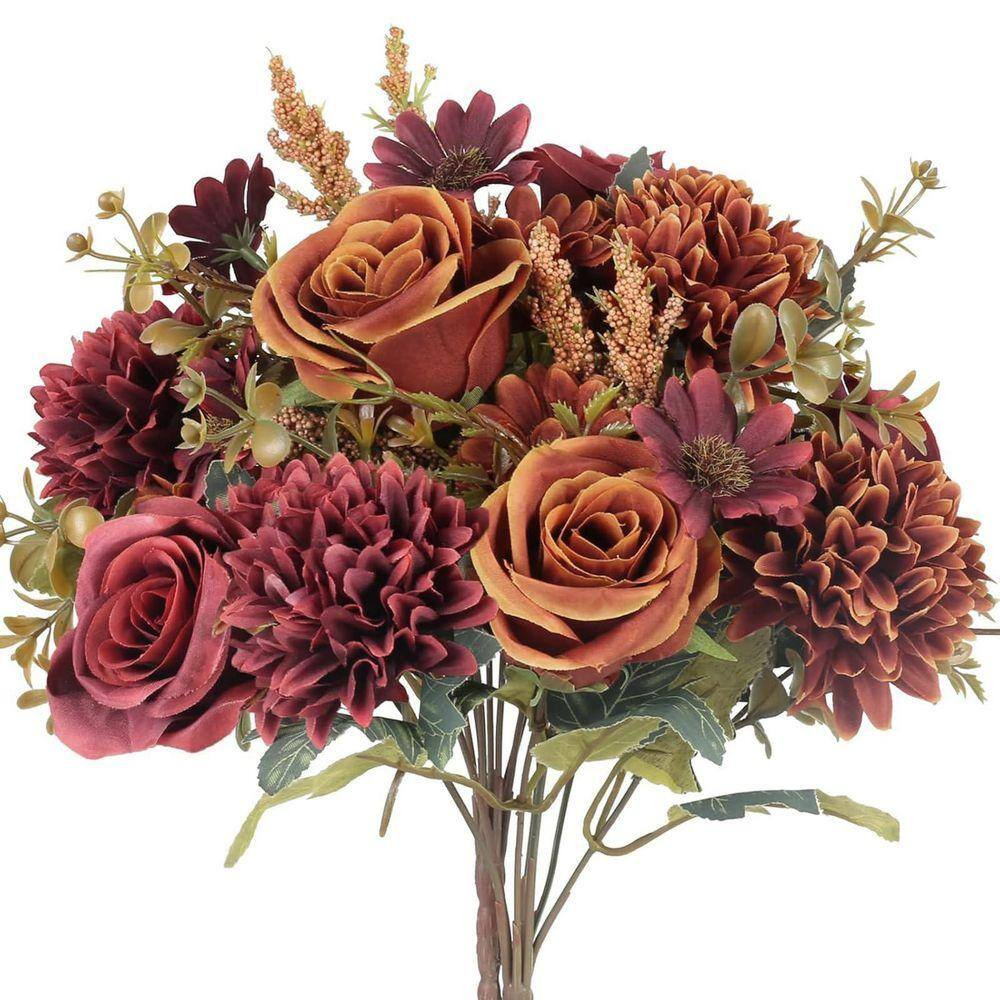 12.95 in In. H Orange Artificial Fall Flowers with Roses, Hydrangeas, and Sunflo