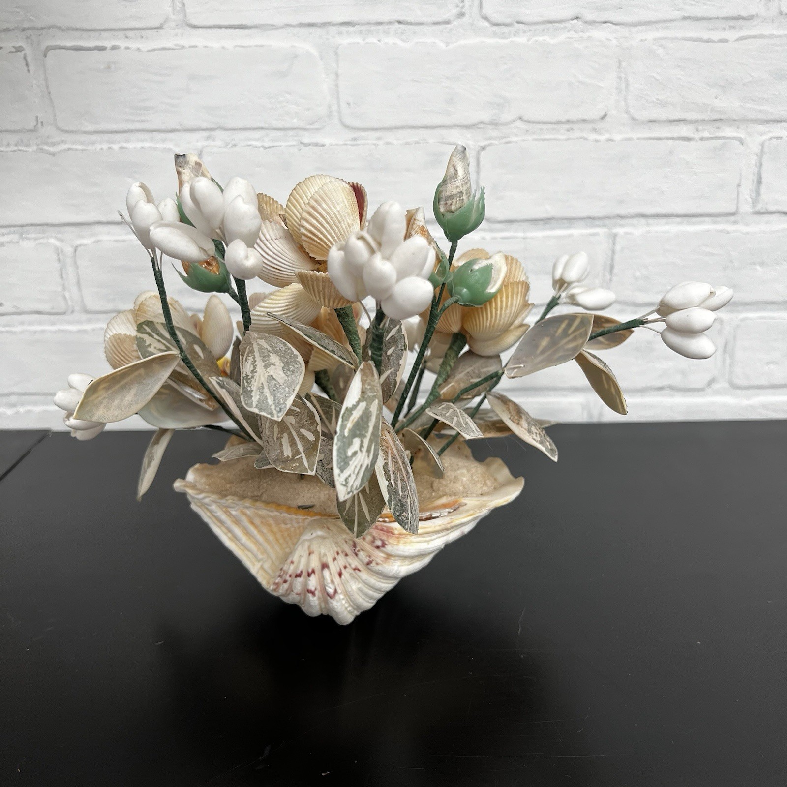 Vintage Shell Flower Arrangement Clam Shell Planter 12” Coastal Decor