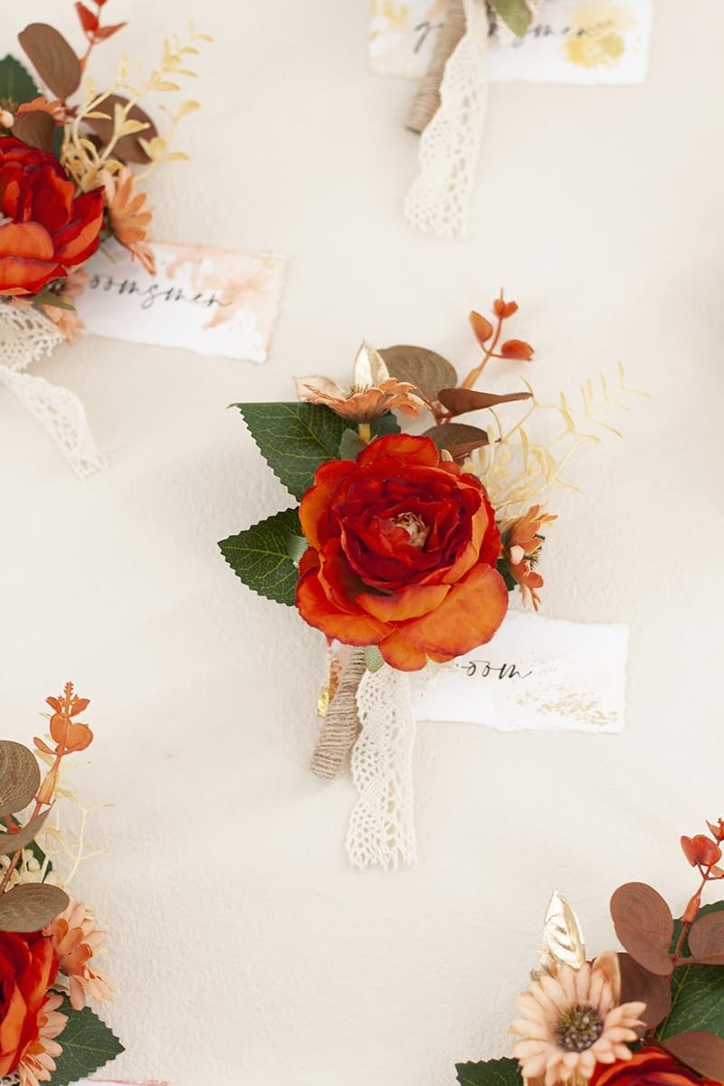 Set of 6 Burnt Orange Boutonniere for Men for Wedding, Groom Groomsmen Bouton…