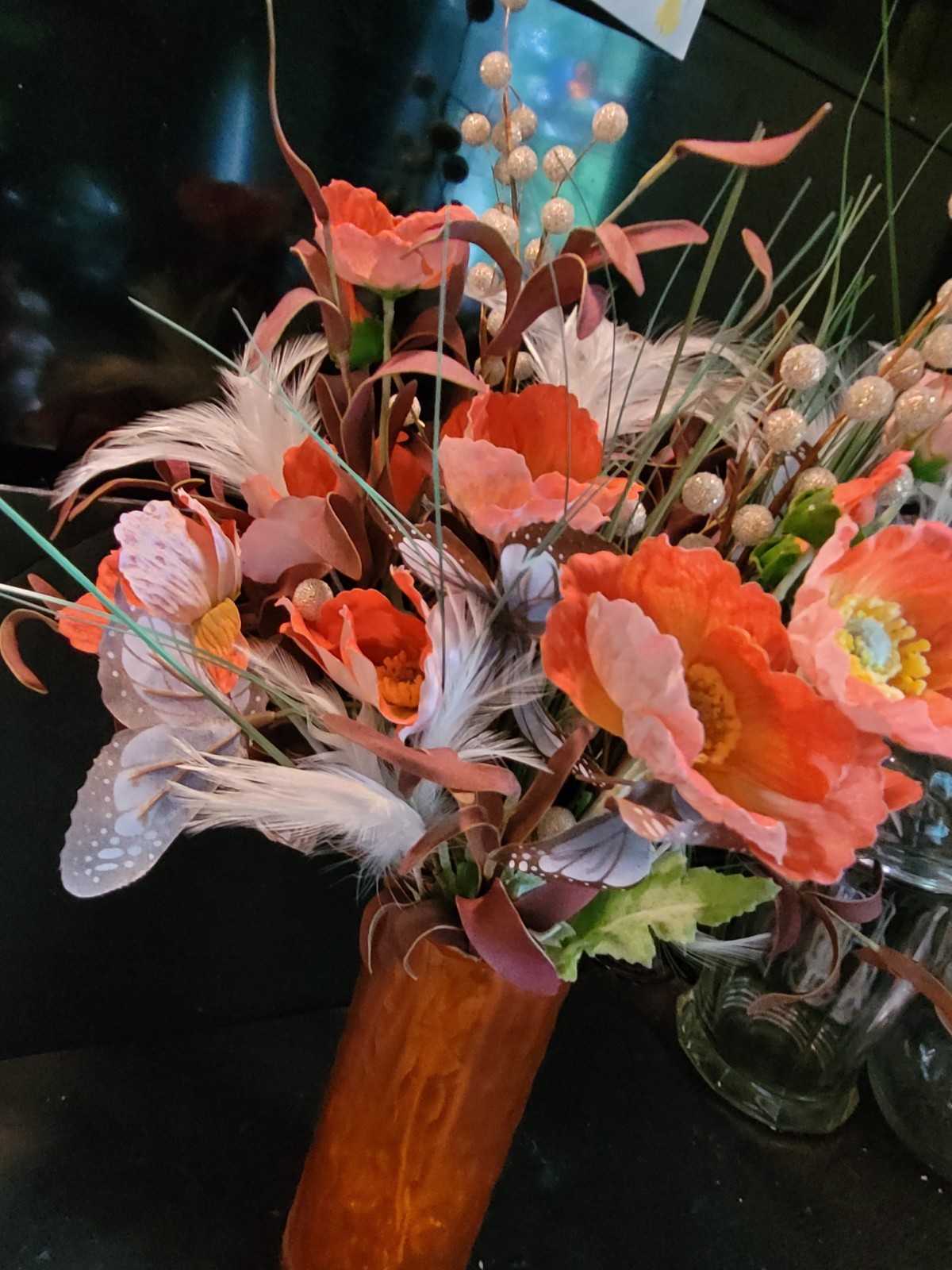 Artificial Poppy Flowers in Orange 8″Vase Butterfly,Feathers much More ,