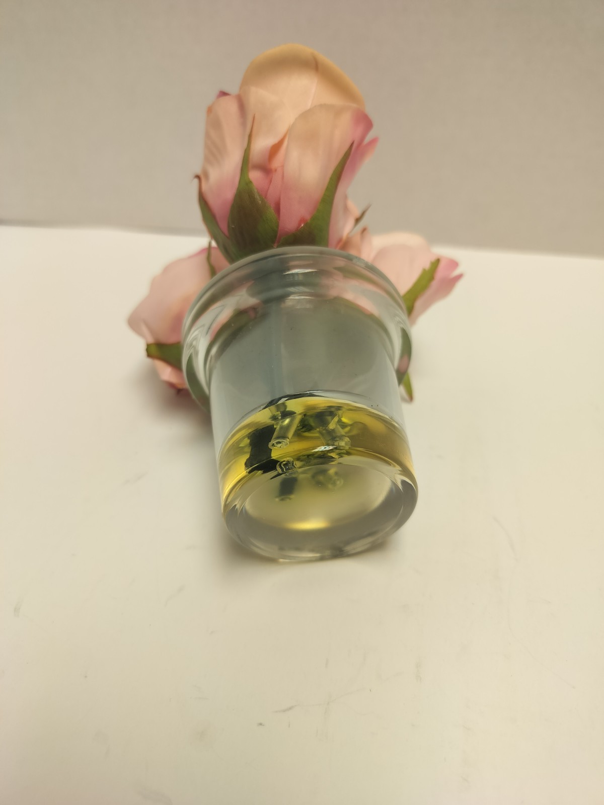 Vintage Artificial Pink Rose Flower in Clear Vase with Faux Water Decoration