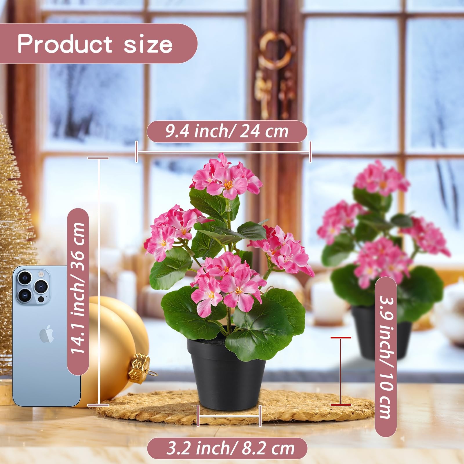2 Pack Artificial Geranium Flowers in Pot Small 13 Inch Fake Plants Spring Su…