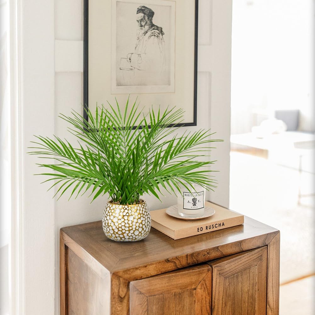 Fake Plants 15” Faux Palm Plant in Gold-White Pot | Realistic Tropical Artif…