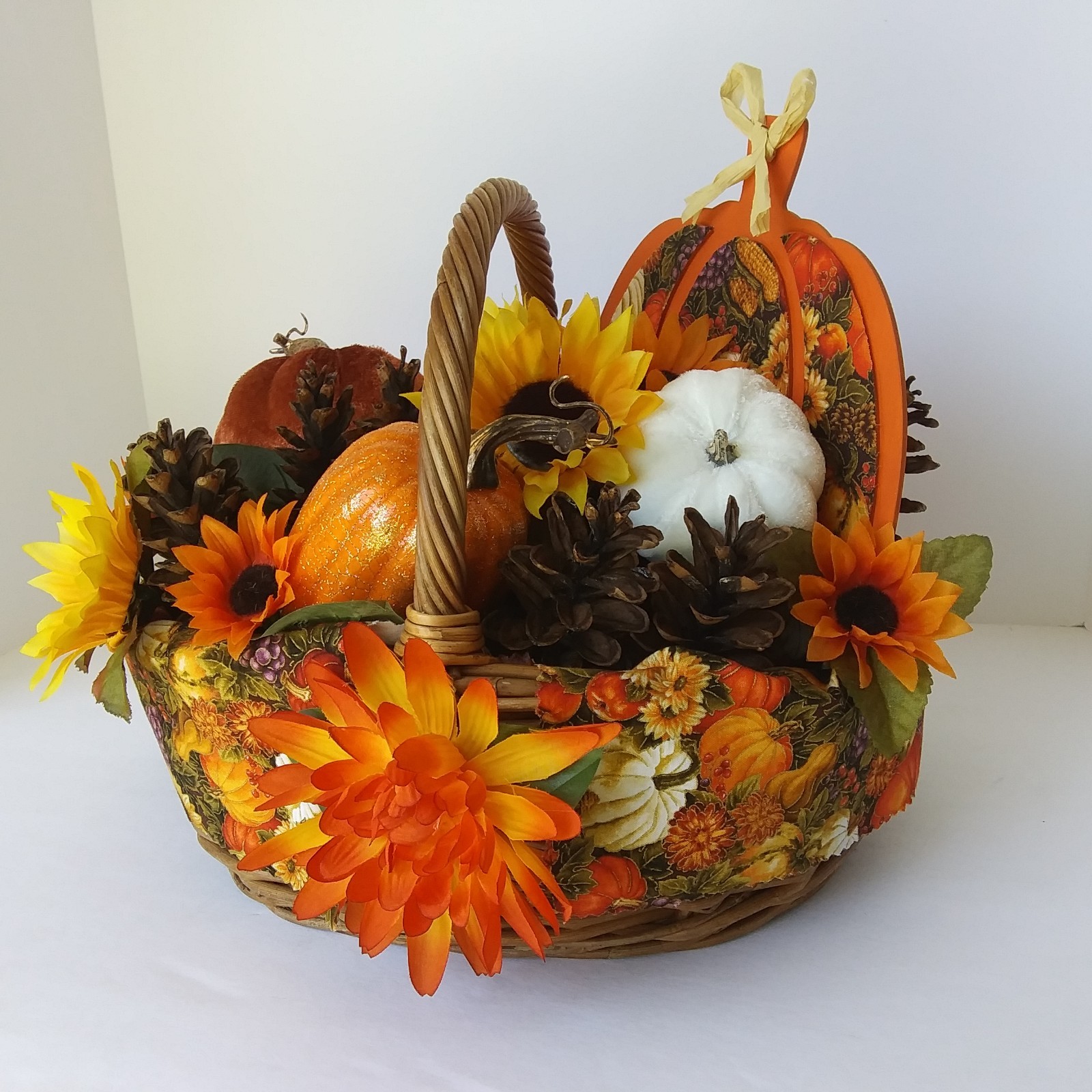Fall Harvest Basket Centerpiece Sunflowers Pumpkins Pinecones Autumn Décor