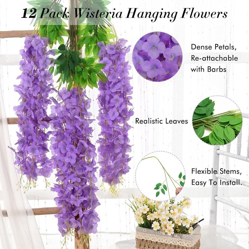 12PCS Artificial Fake Wisteria Vine Ratta Hanging Garland Silk Flowers Decor