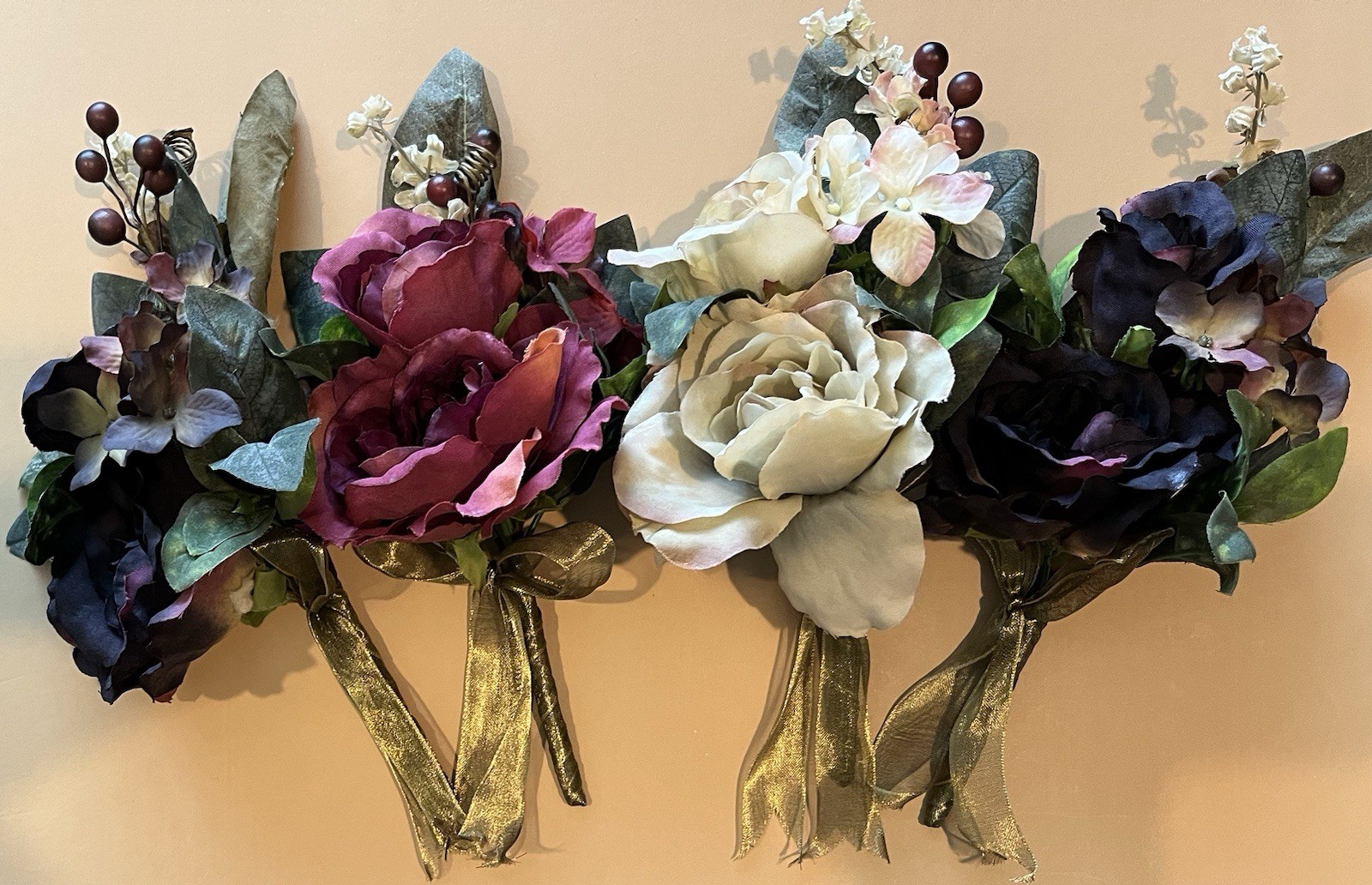 Decorative Flowers Set Of 4 Multicolored Ivory, Eggplant Purple, Deep Pink New