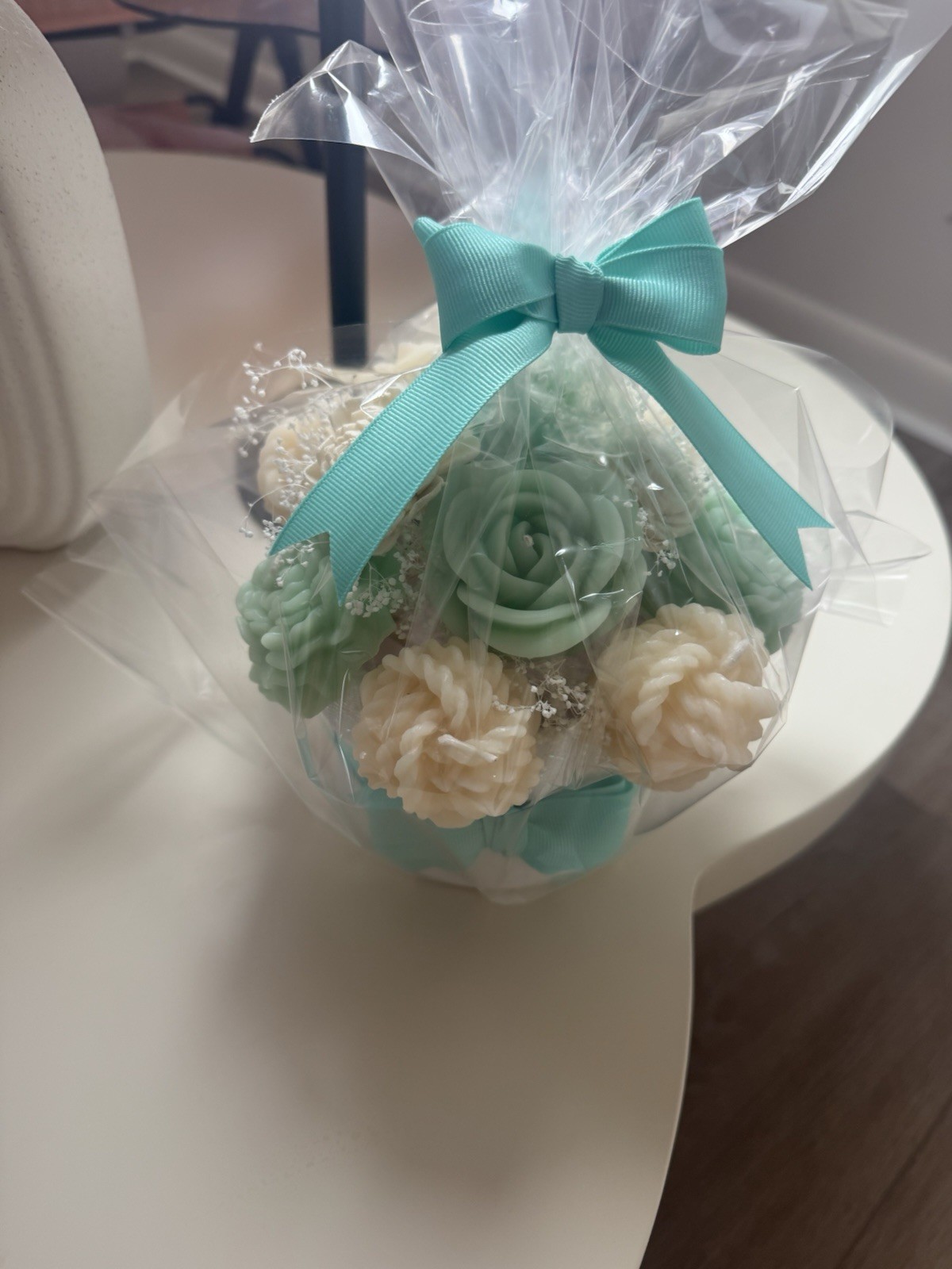 Artificial Mint Green & White Rose Floral Arrangement Centerpiece in White Pot