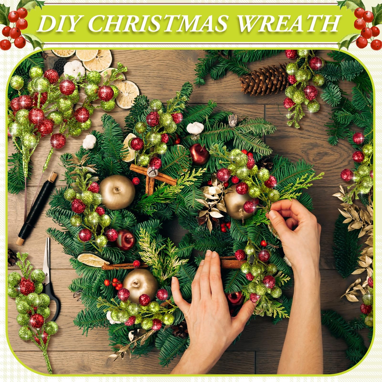 48 Pcs Christmas Glitter Berry Stem 8 Inch Red Green Artificial Holly Berry P…