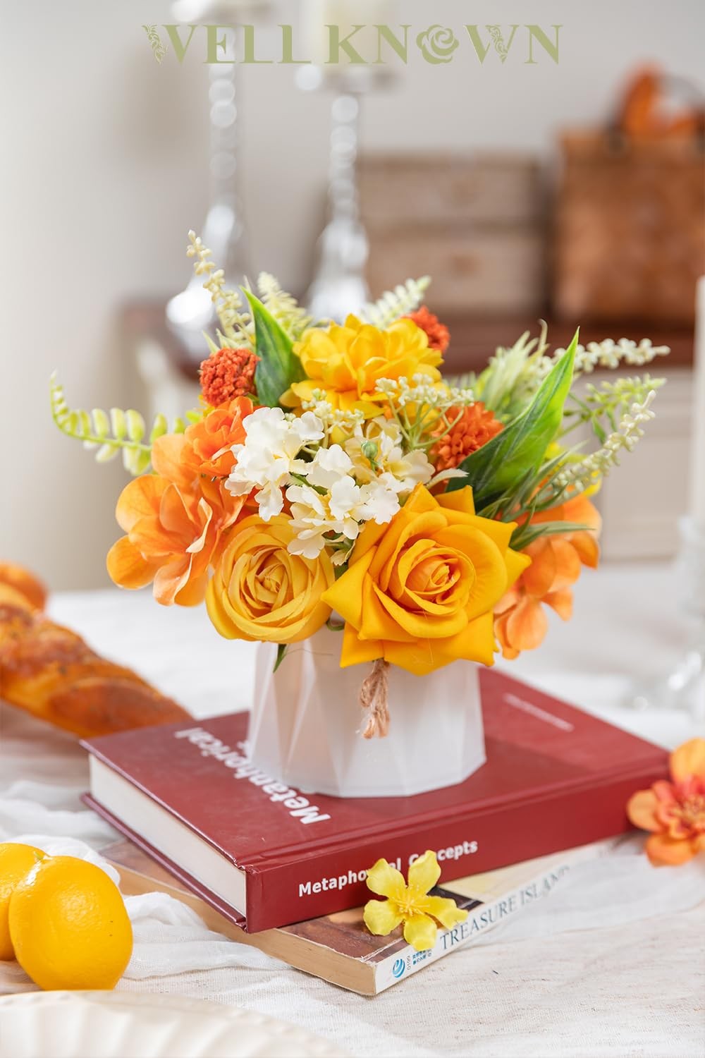 7 Inch Small Fake Flowers in Vase Yellow Orange Silk Centerpiece Arrangement