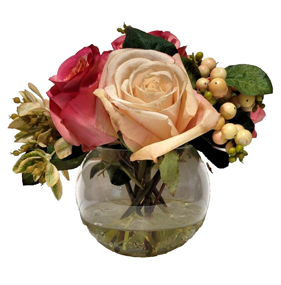 Flower Display Faux Pink Roses in Glass Rose Bowl Ornament Resin Water 8 x 8”
