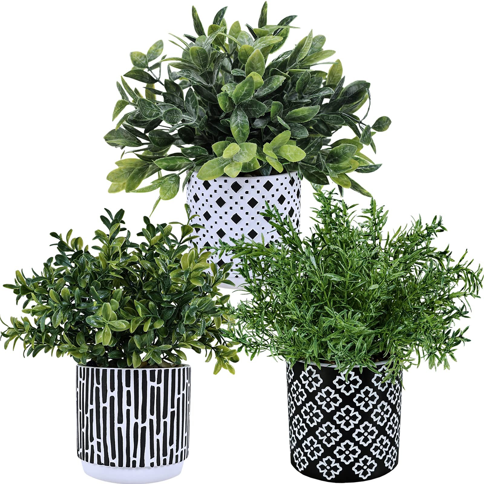 Winlyn 3-Pack Artificial Potted Plants – Faux Eucalyptus, Rosemary, Boxwood Gree