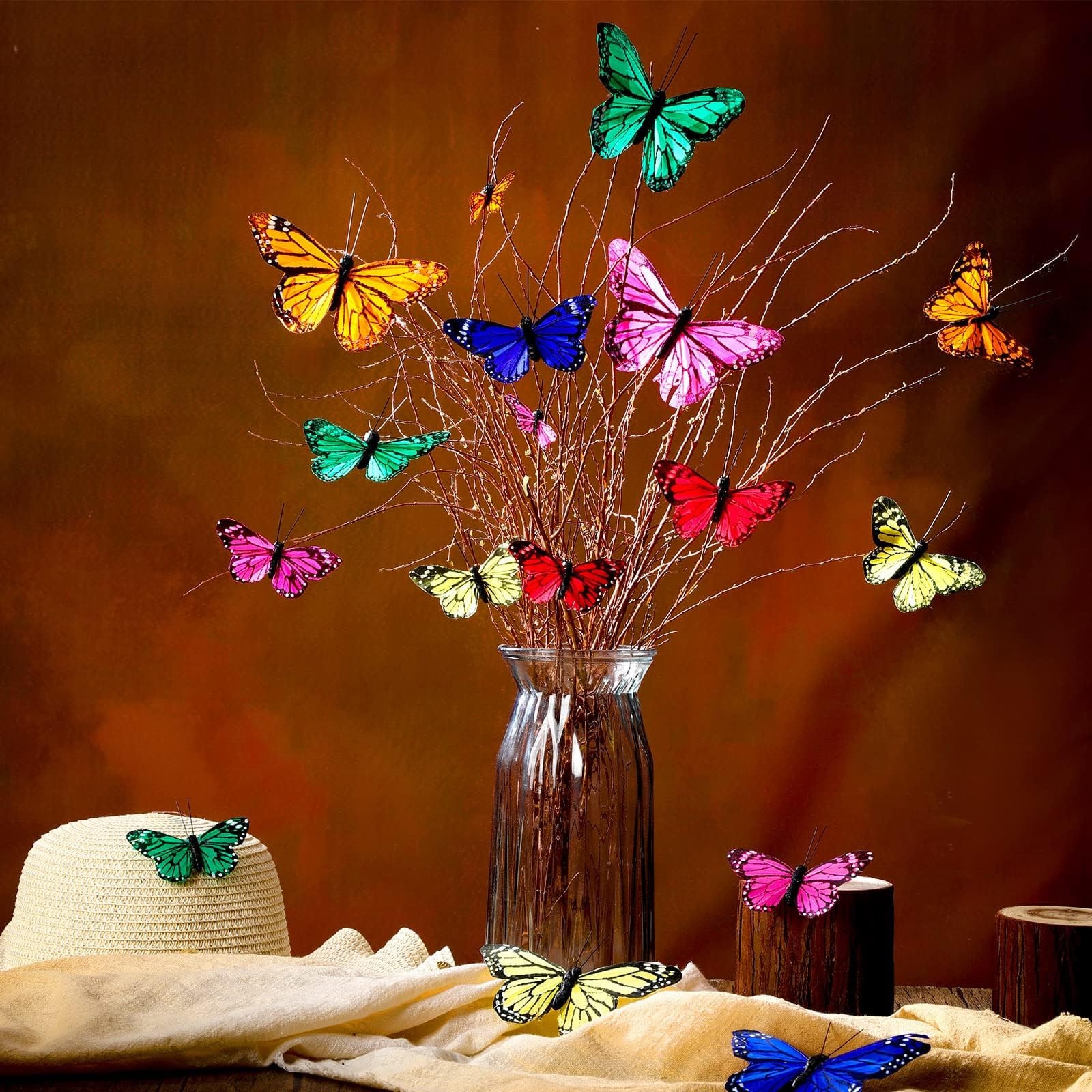 24 Pcs Monarch Butterfly Decorations 4 Size Artificial Monarch Feather Fake B…