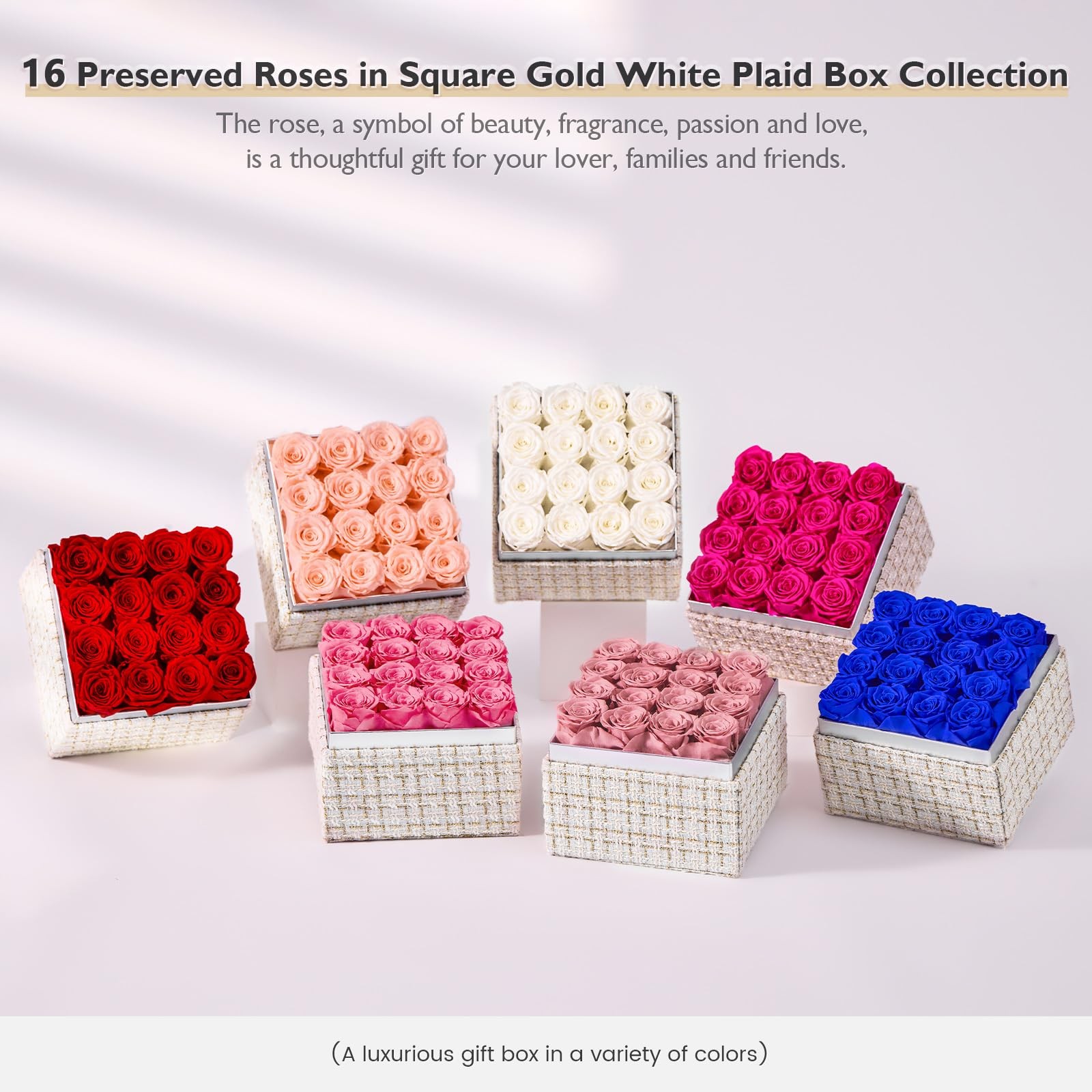 16 PCS Pink Preserved Real Roses Square Gold White Plaid Box Valentines