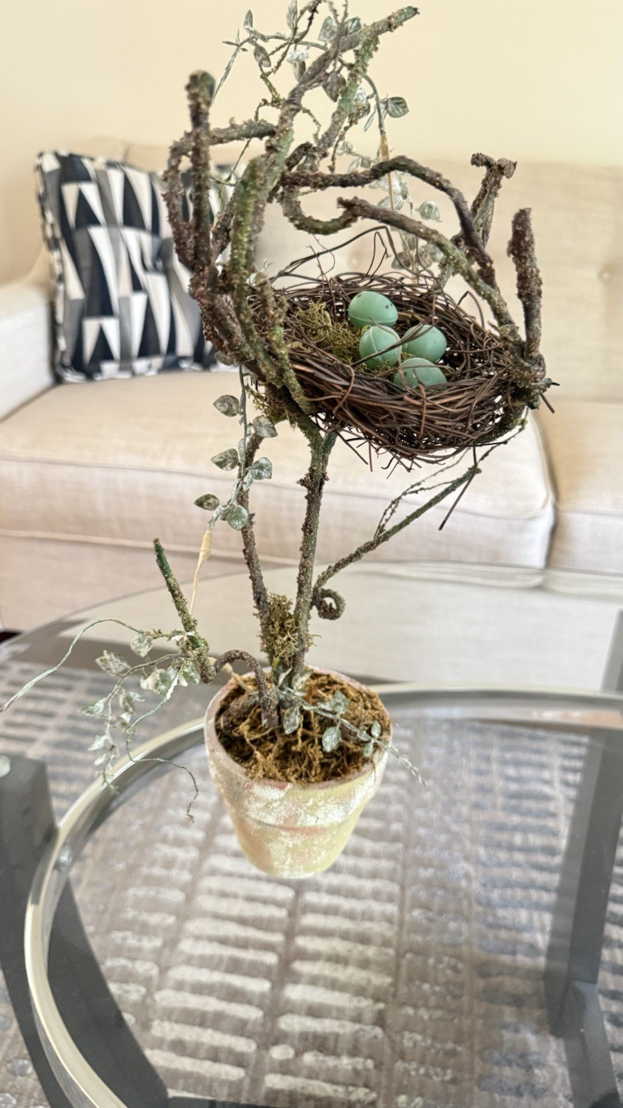 Floral Topiary Arrangement Potted Center Piece With Nest & Robin Eggs