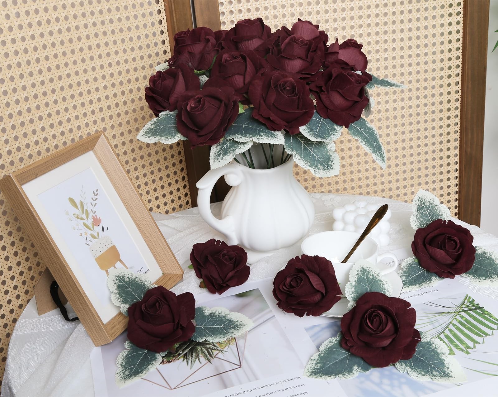 20pcs Burgundy Roses Artificial Velvet Flower Heads Realistic Faux Rose Flowe…