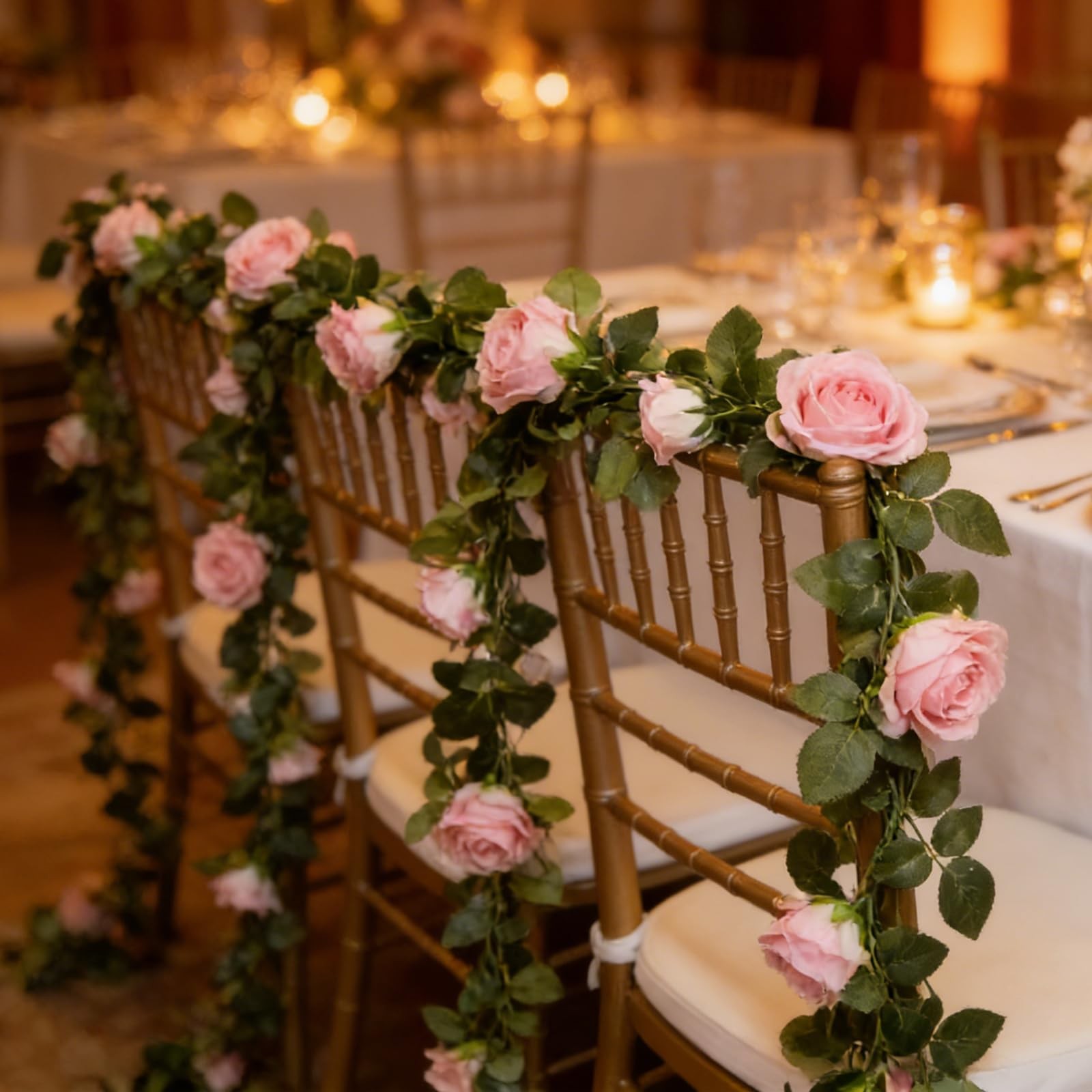 Artificial Rose Flowers Garland 6.56ft Pink Rose Vines, Hanging Rose Fake Flo…