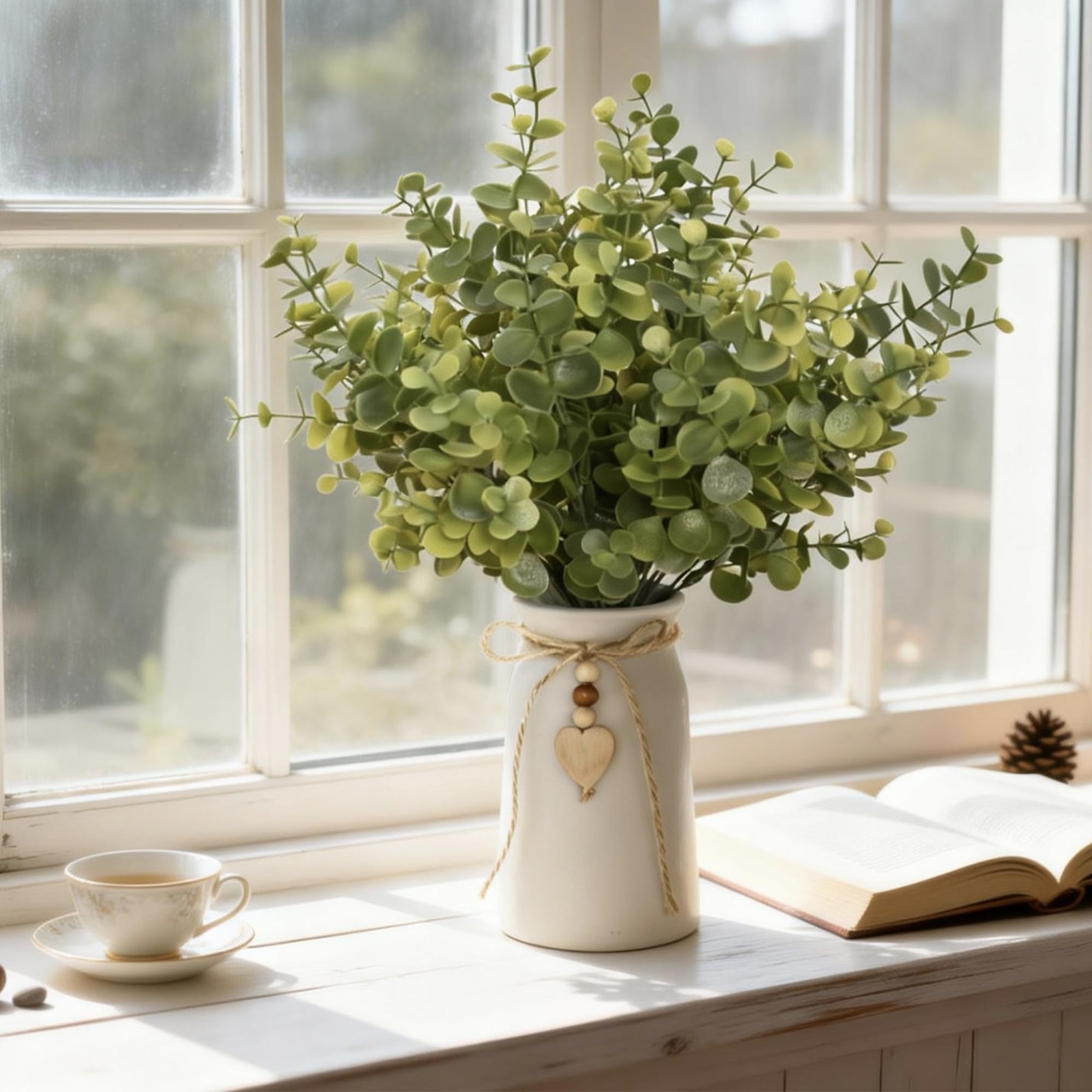 Artificial Eucalyptus Plant in White Ceramic Vase, 14″ Tall Faux Eucalyptus A…